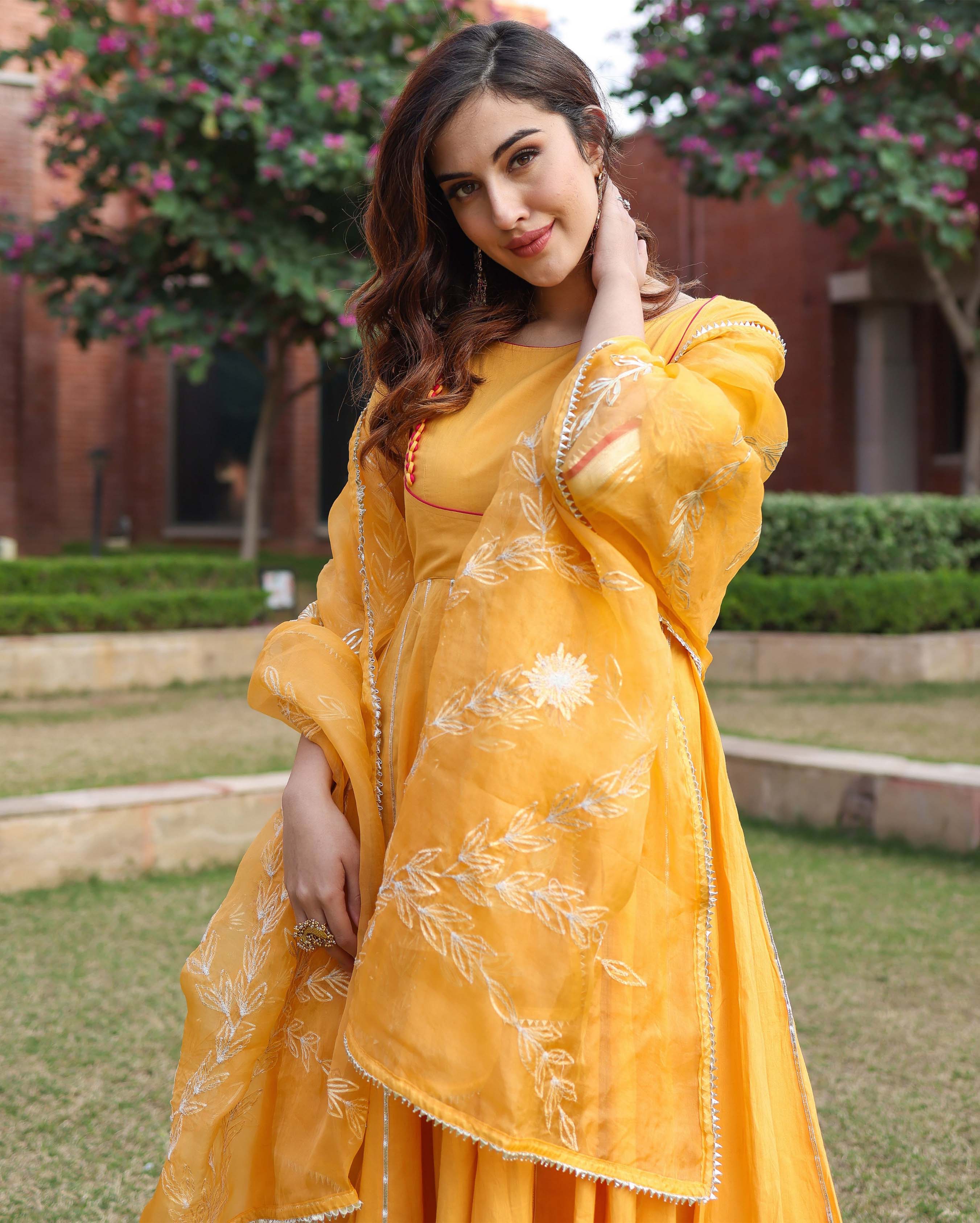 Yellow Cotton Suit Set with Gota Patti and Organza Dupatta