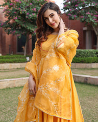 Yellow Cotton Suit Set with Gota Patti and Organza Dupatta