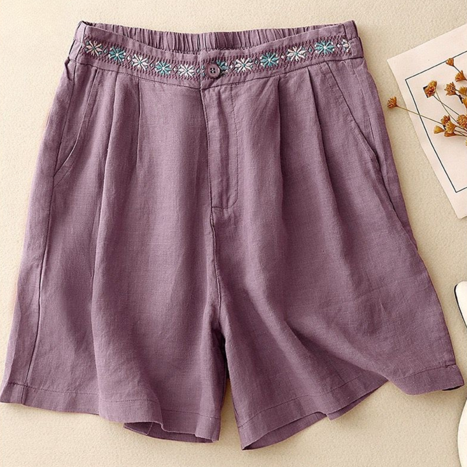 Pure Cotton Embroidered Shorts With Pocket