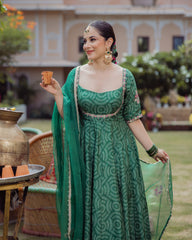 Dark Green Bandhani Chanderi Suit Set