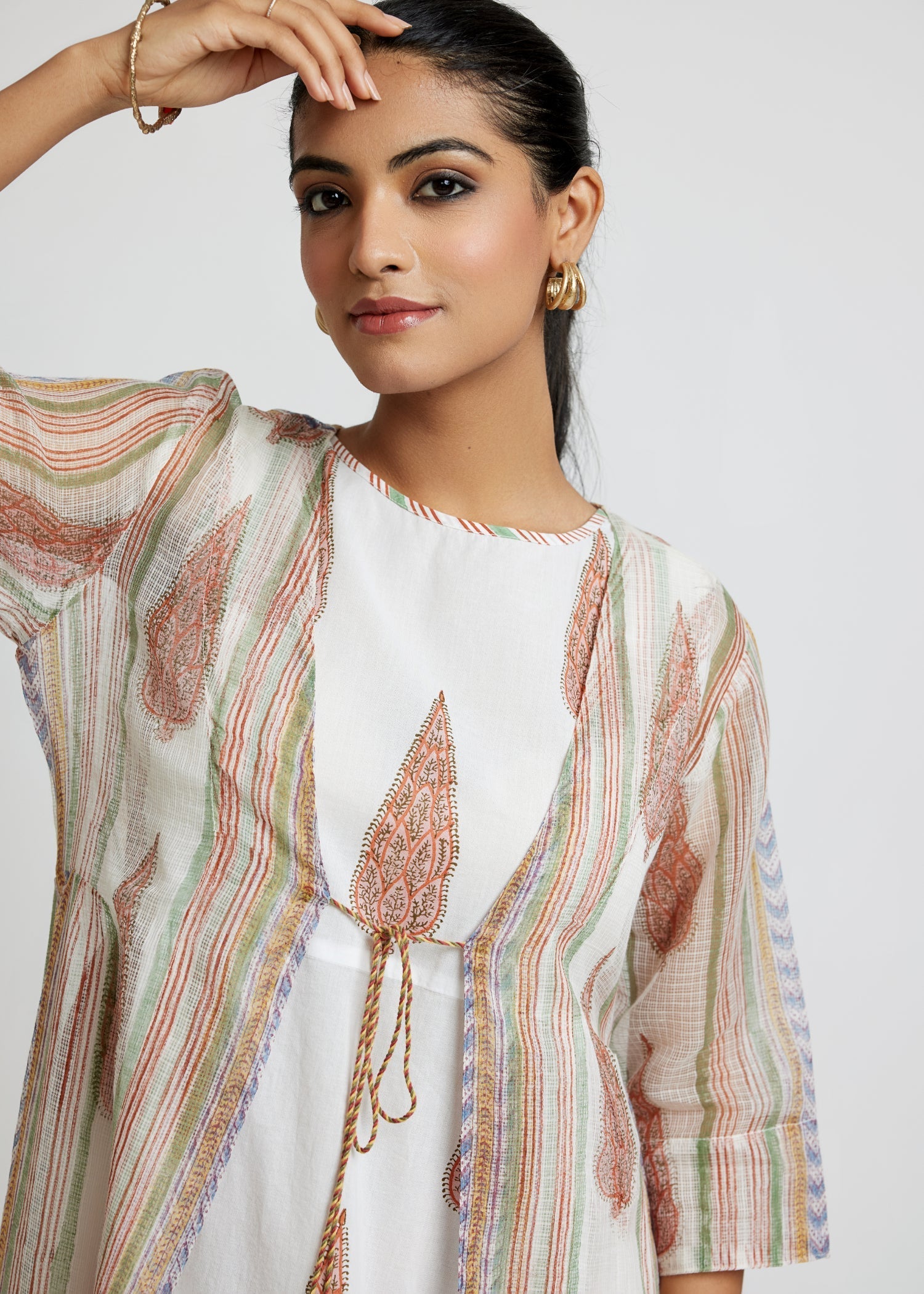 Elegant Shrug Dress with Heritage Prints and Kota Doria Overlay