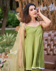 Sage Green Solid Silk Suit Set with Elegant Finish