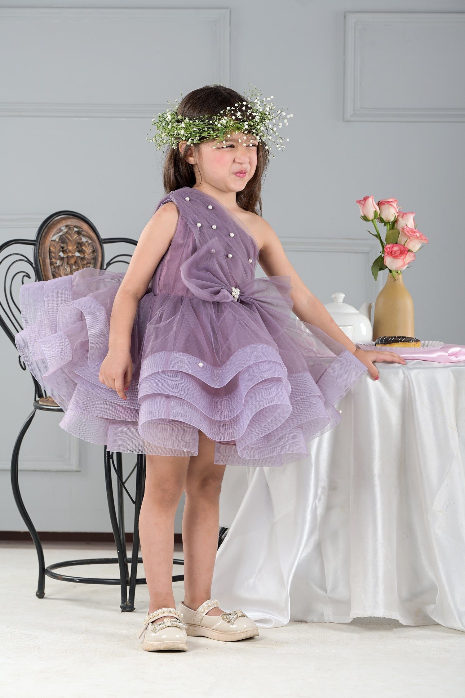 Tea Time Violet Elegance One-Shoulder Girls Party Dress