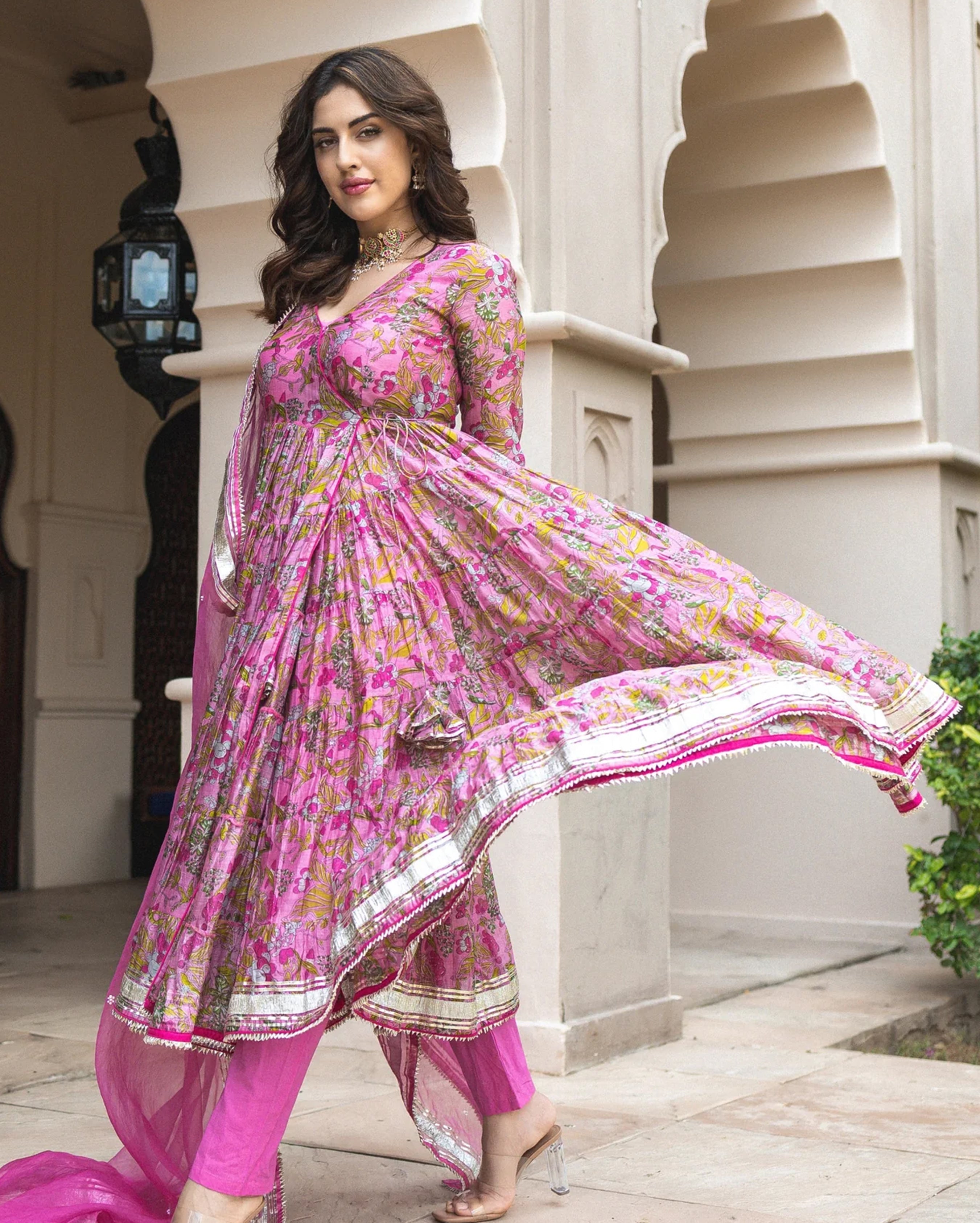 Pink Chanderi Angrakha Suit Set with Gota Work and Organza Dupatta