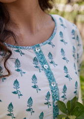 Upasana Kurta in Cream & Green with Fine Block Print
