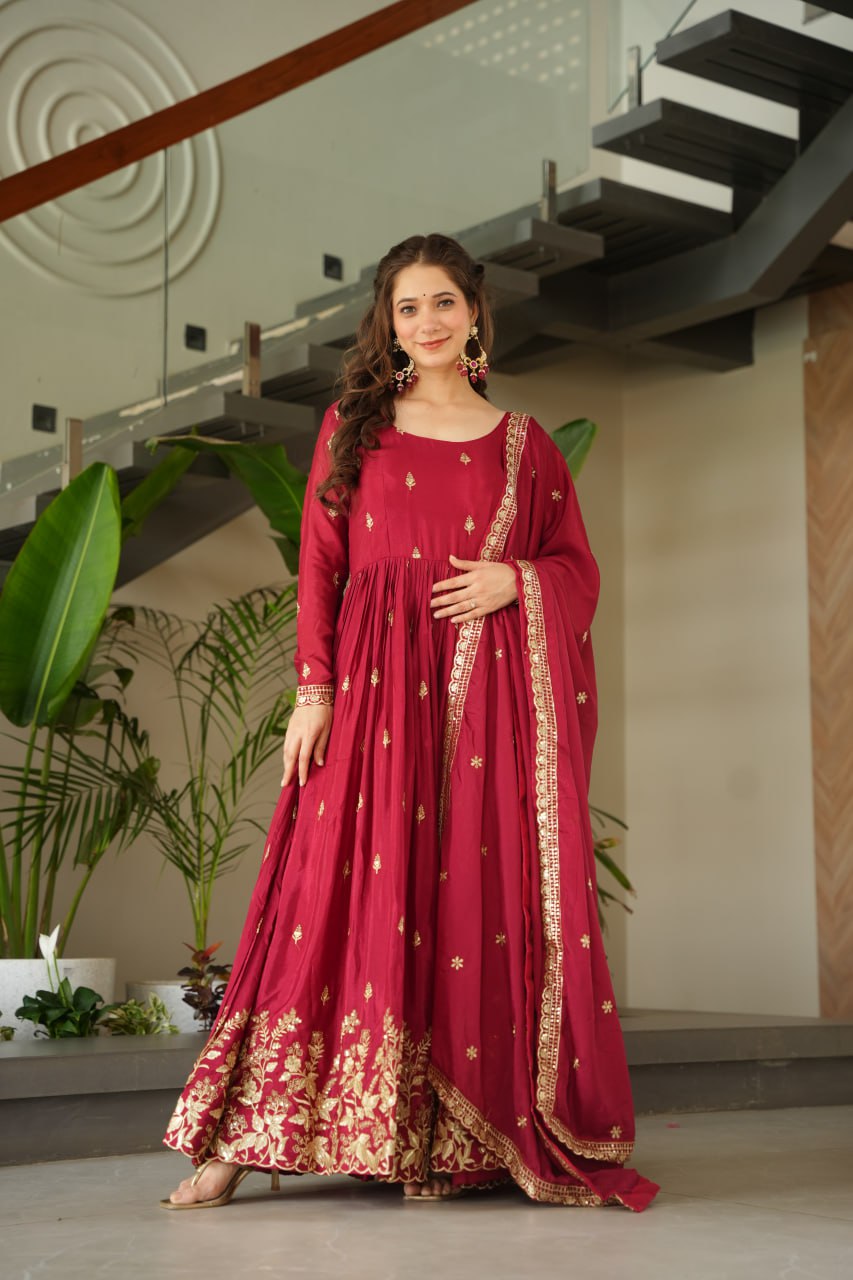 Elegant Chinnon Embroidered Gown with Dupatta - Perfect Party Wear