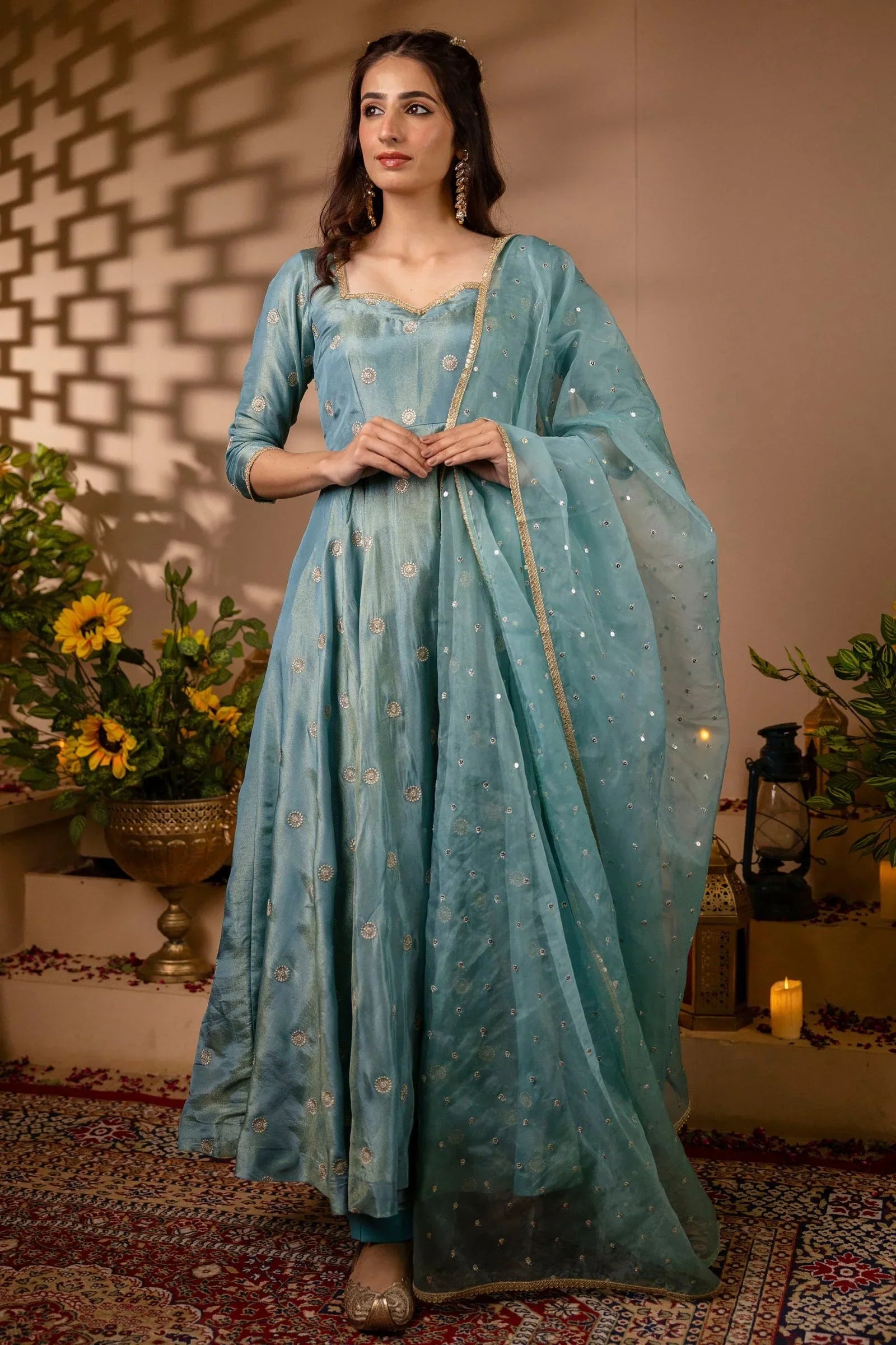 Chinon Silk Embroidered Anarkali Suit Set