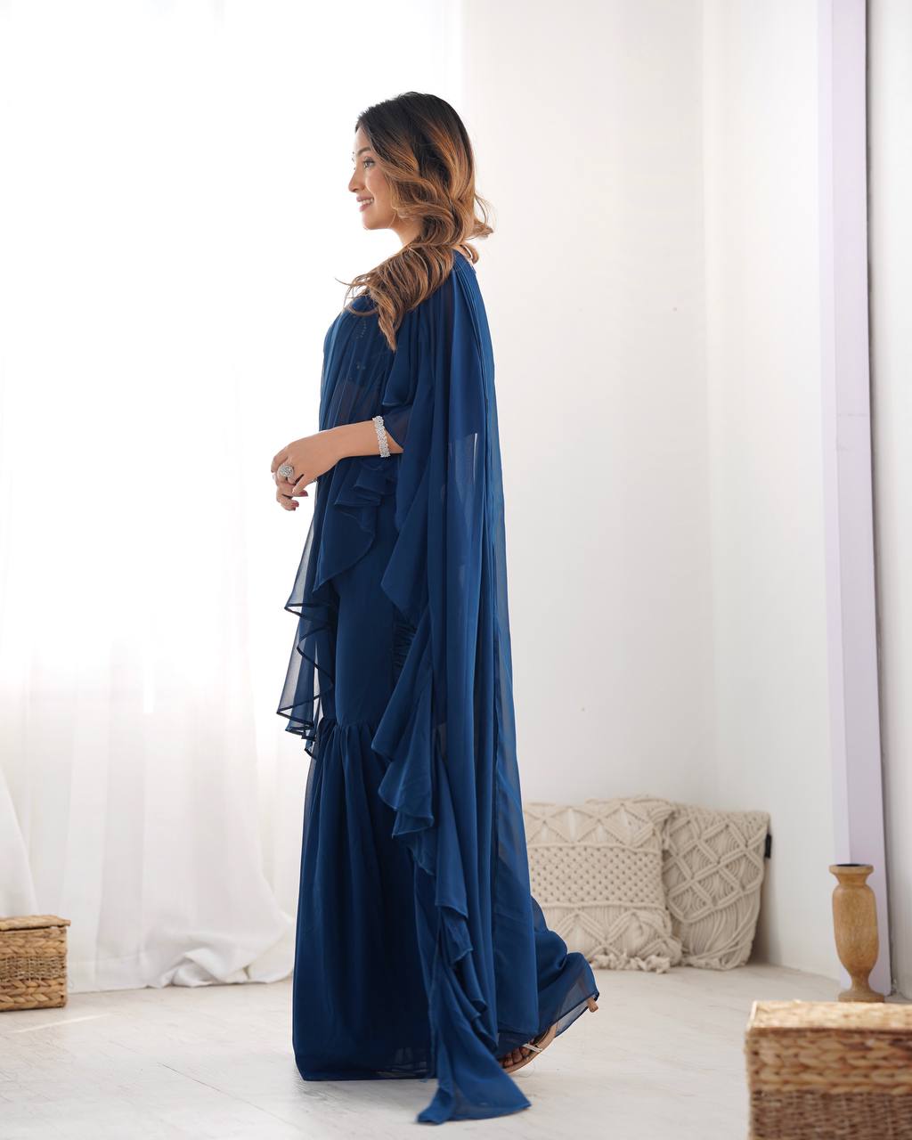 Vibrant Teal Blue Georgette Sharara Set with Sequins & Zari Embroidery