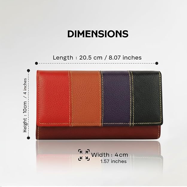 Women’s Multicolor Genuine Leather Wallet – Stylish Clutch with Zipper Closure & Card Holder Organizer