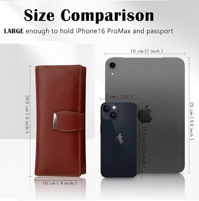 Women’s Long Brown Leather Wallet Clutch with Loop Closure & Dual Zipper Pockets