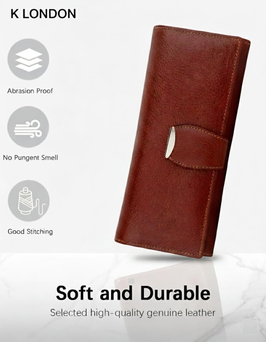 Women’s Long Brown Leather Wallet Clutch with Loop Closure & Dual Zipper Pockets