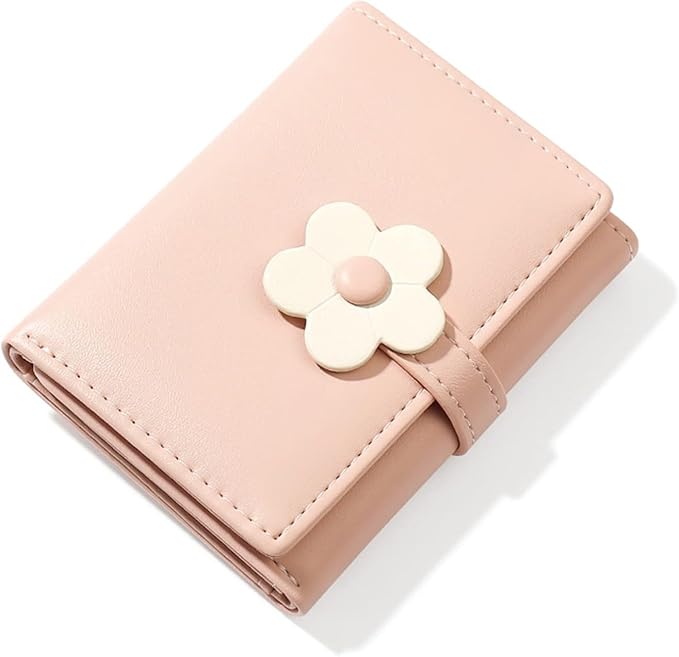 Pink Small Wallet for Women & Teens – PU Leather Trifold Card & Cash Holder with Floral Snap & ID Window
