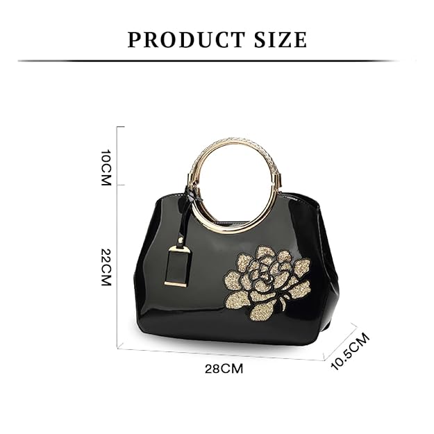 Women’s Glossy Patent Leather Handbag with Floral Design – Elegant Shoulder Bag for Parties & Special Occasions