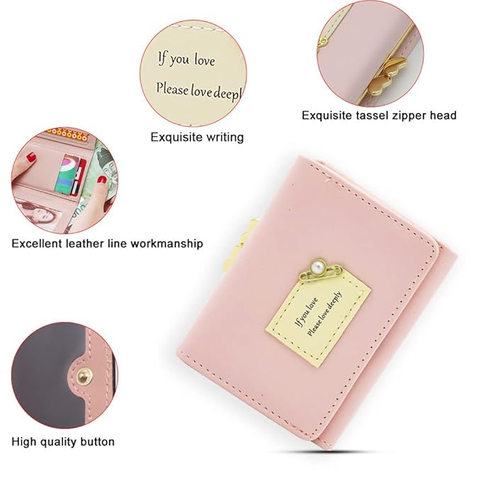 Women’s Pink PU Leather Short Wallet | Compact Ladies Purse with Multiple Card Slots & Secure Loop Closure