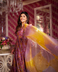 Dreamy Pink Chanderi Anarkali Suit Set with Floral Print