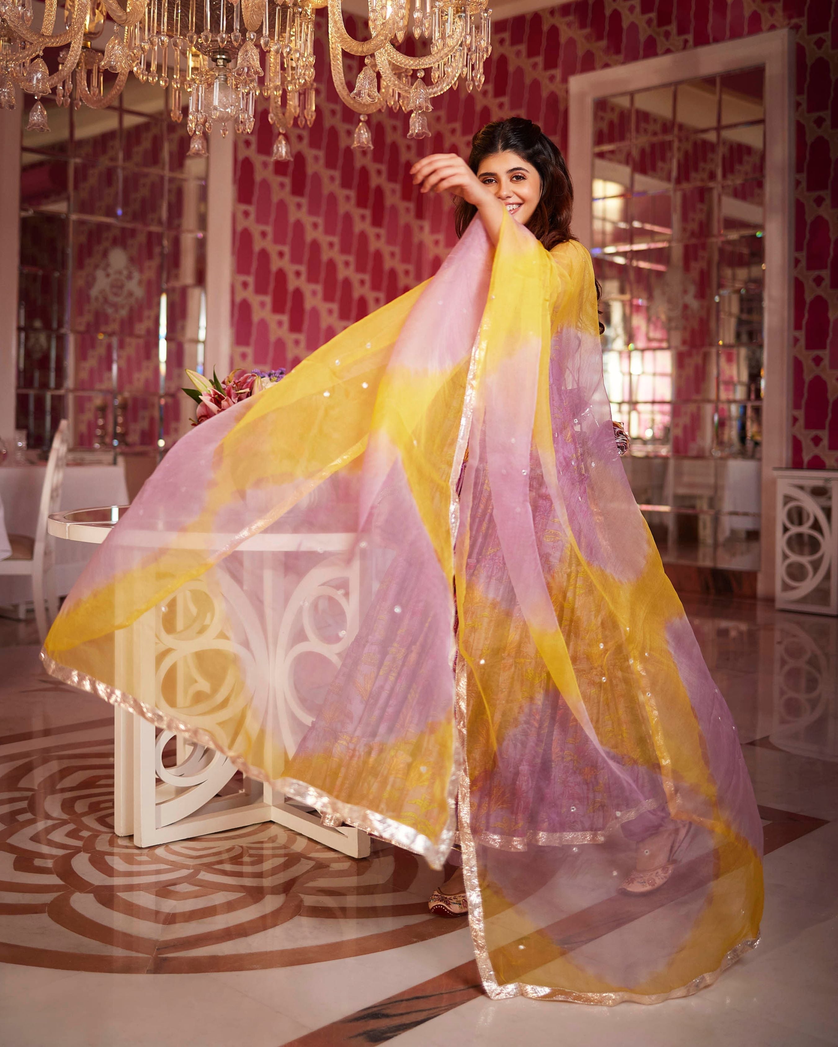 Dreamy Pink Chanderi Anarkali Suit Set with Floral Print