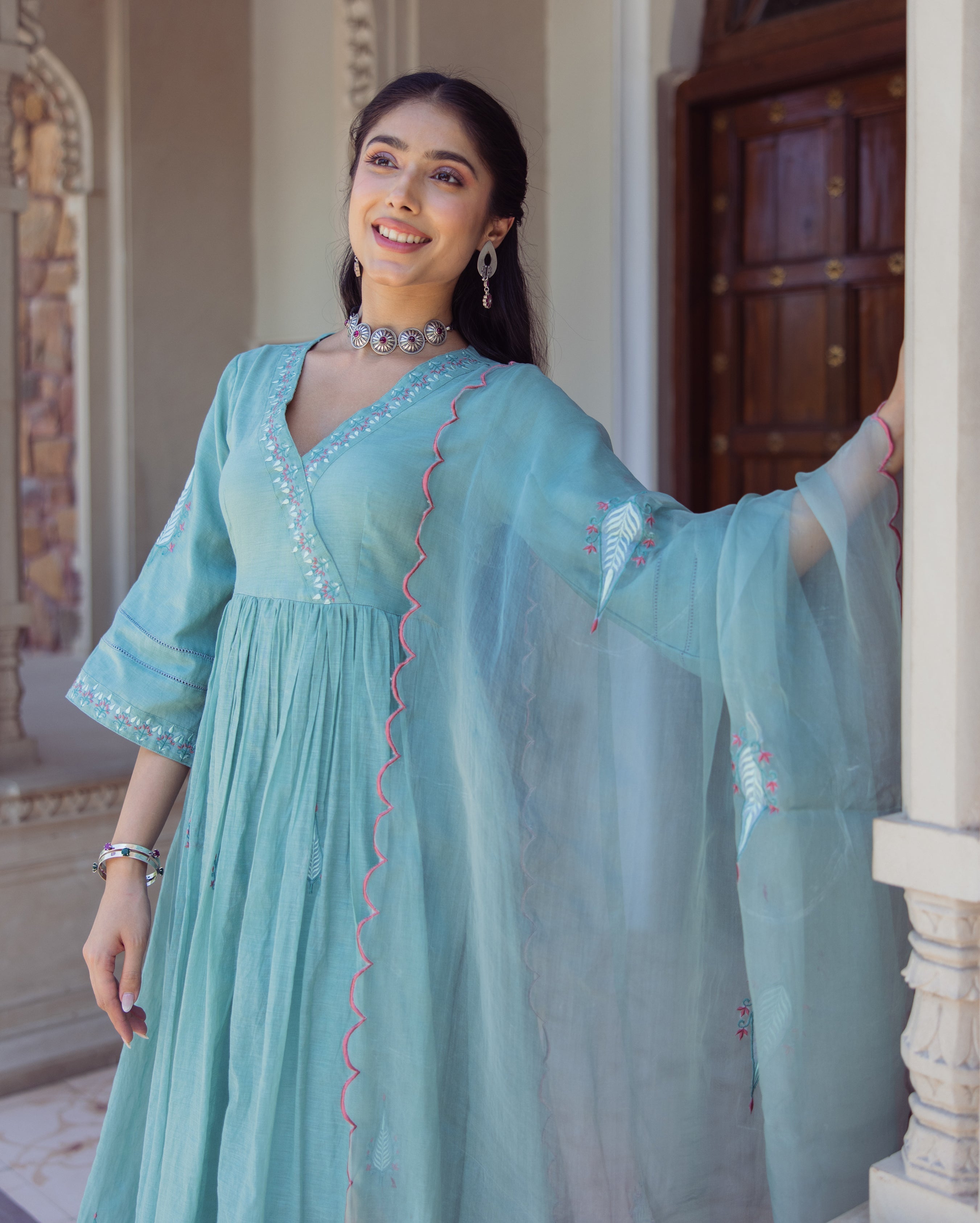 Blushing Green Embroidered Chanderi Suit Set