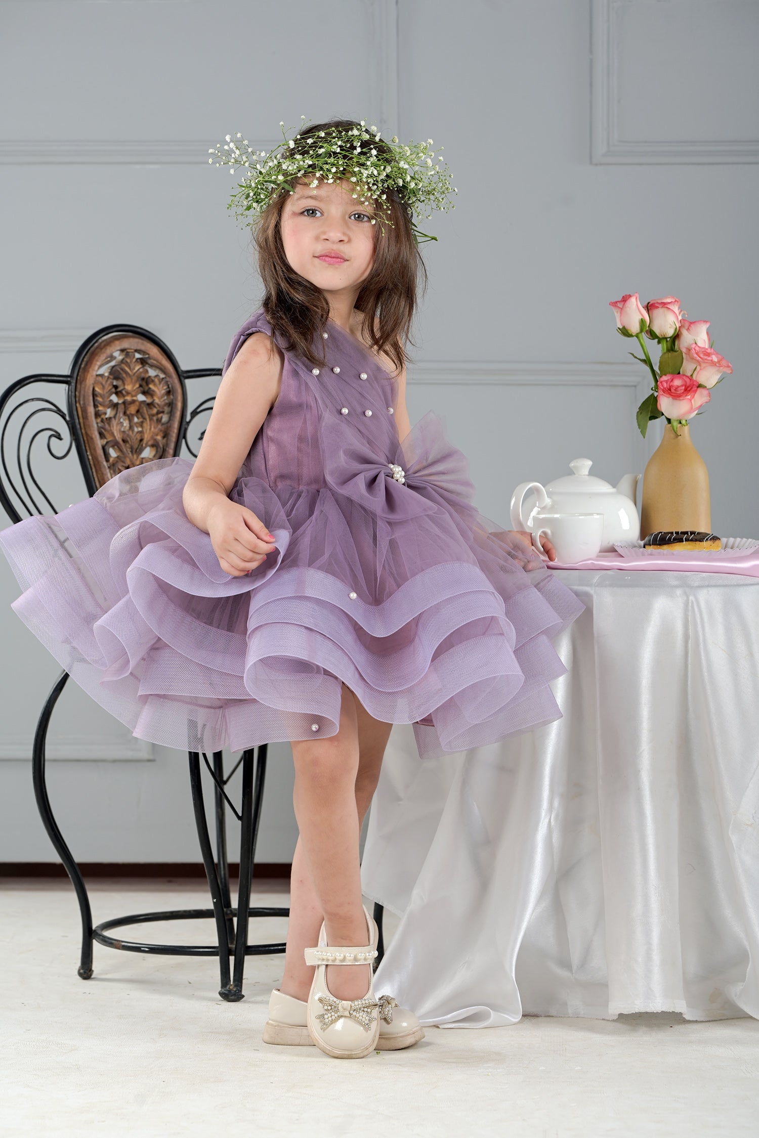Tea Time Violet Elegance One-Shoulder Girls Party Dress