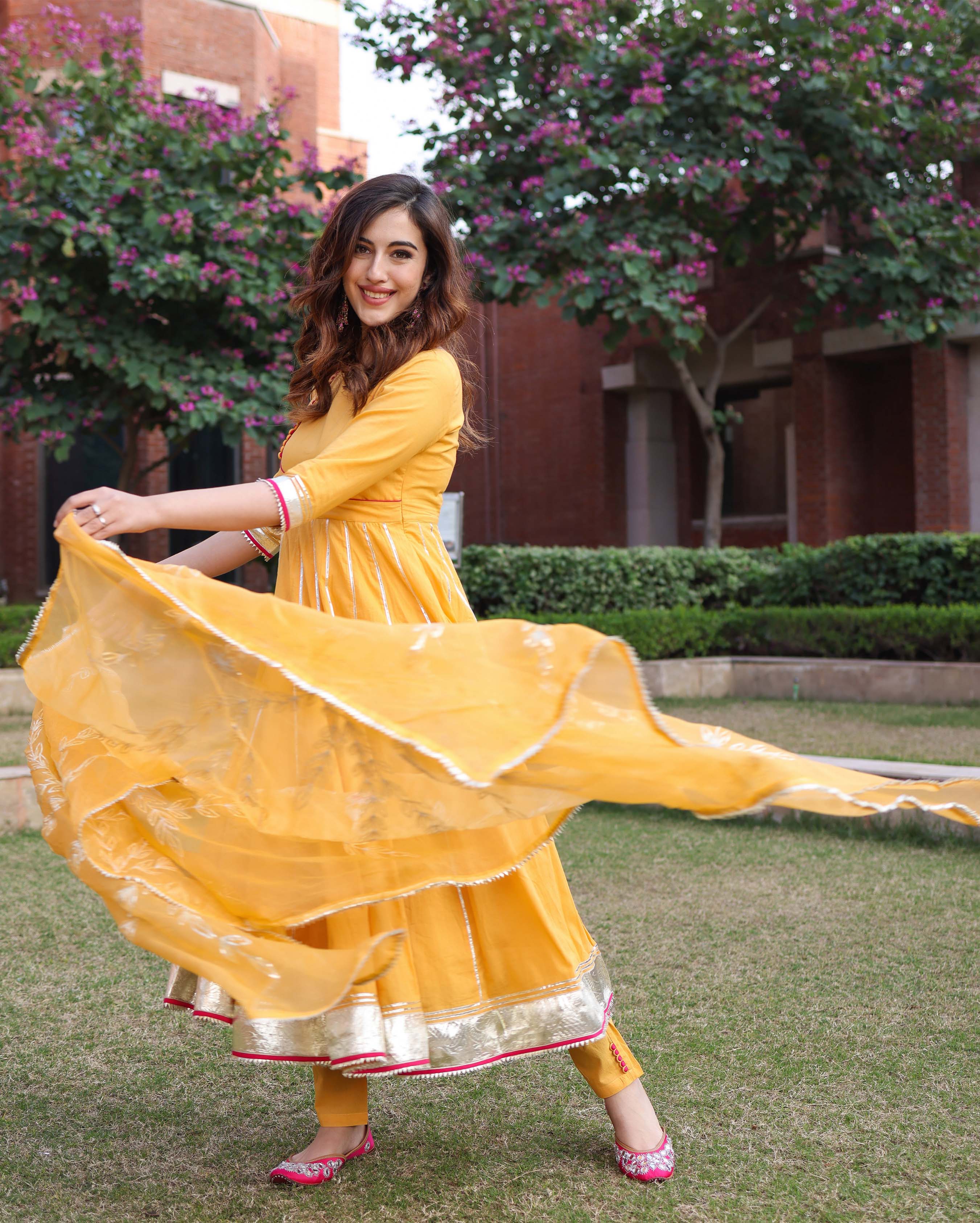 Yellow Cotton Suit Set with Gota Patti and Organza Dupatta