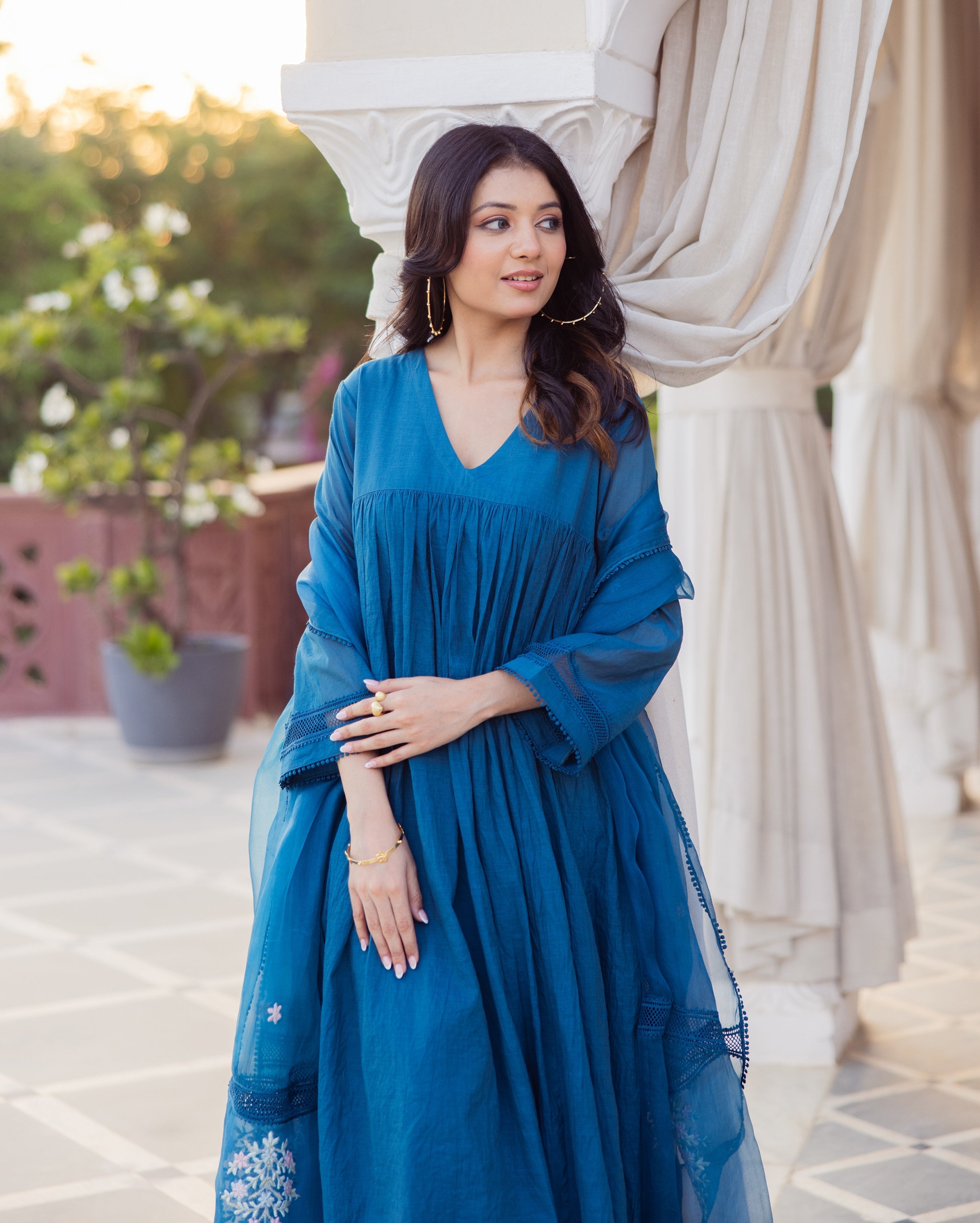 Desi Blue Embroidered Chanderi Suit Set