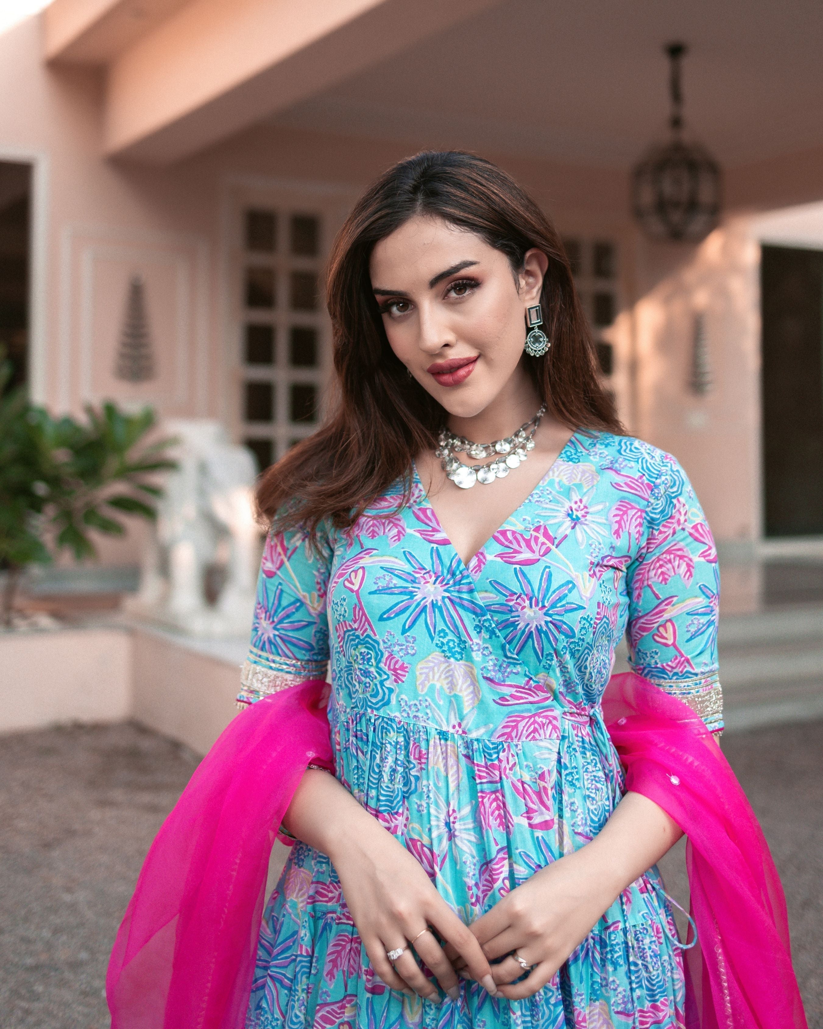 Blue Cotton Angrakha Suit Set with Gota Work and Organza Dupatta