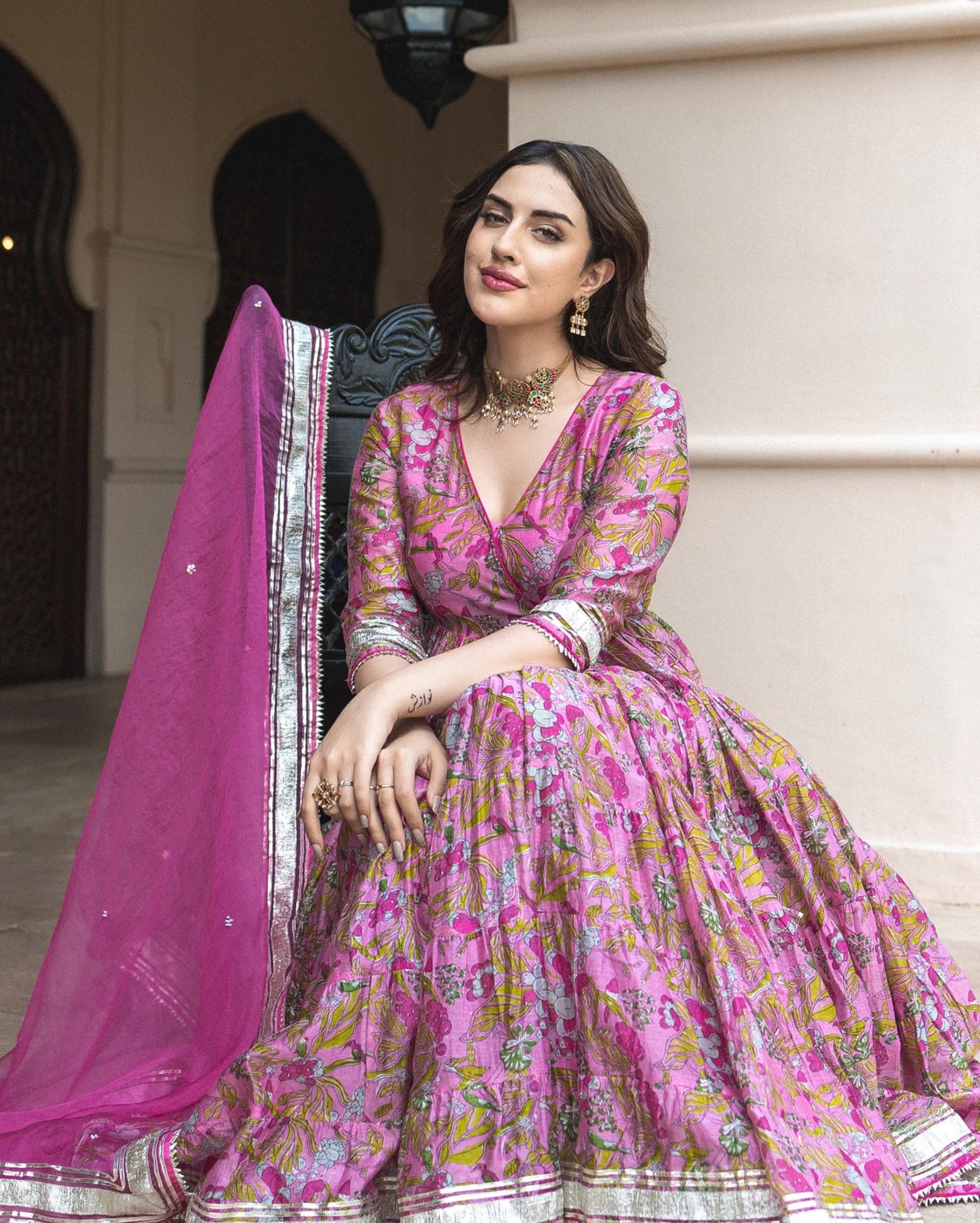 Pink Chanderi Angrakha Suit Set with Gota Work and Organza Dupatta