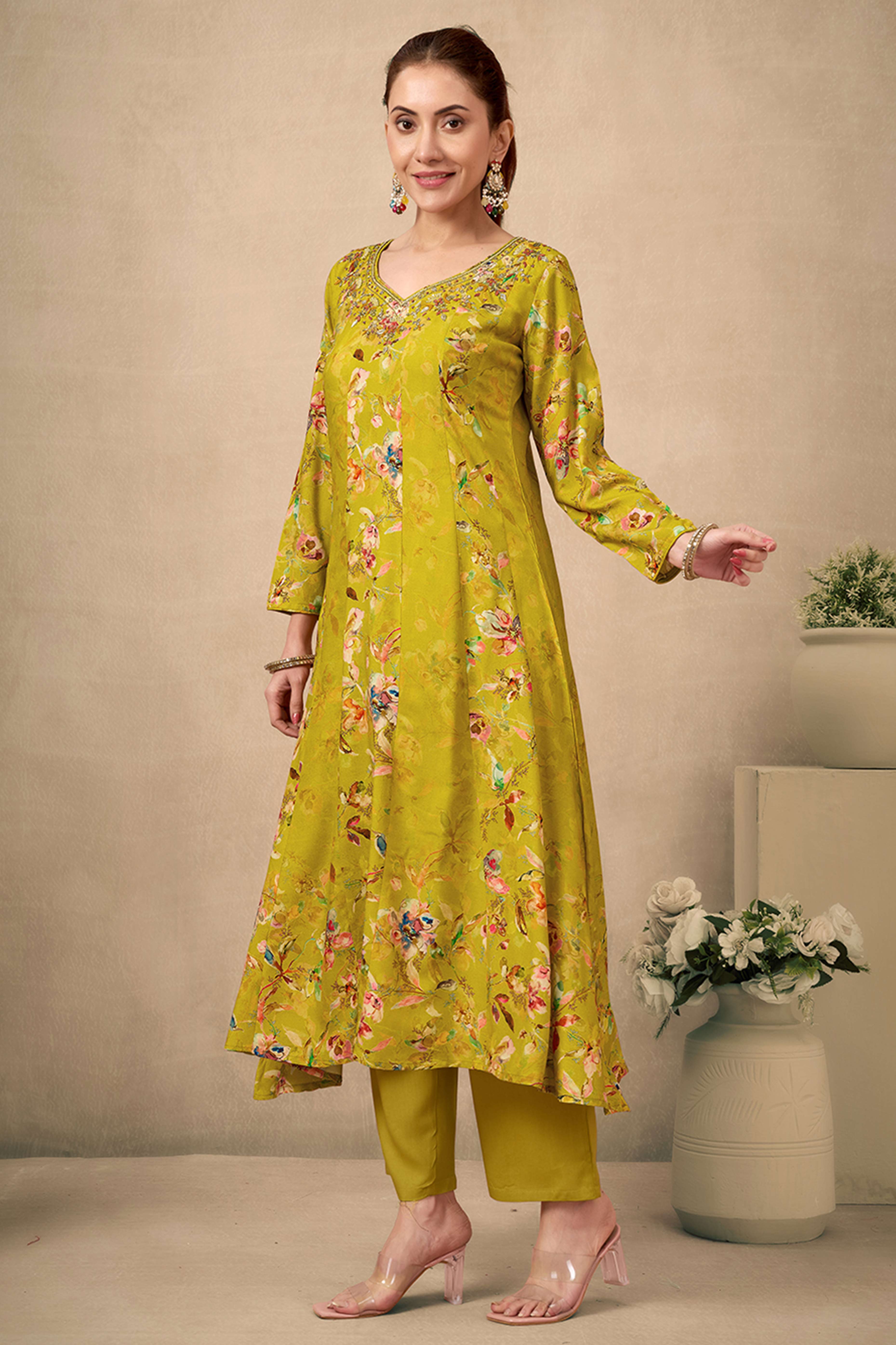 Mustard Floral Printed With Handwork On Neck Rayon Anarkali Salwar Suit