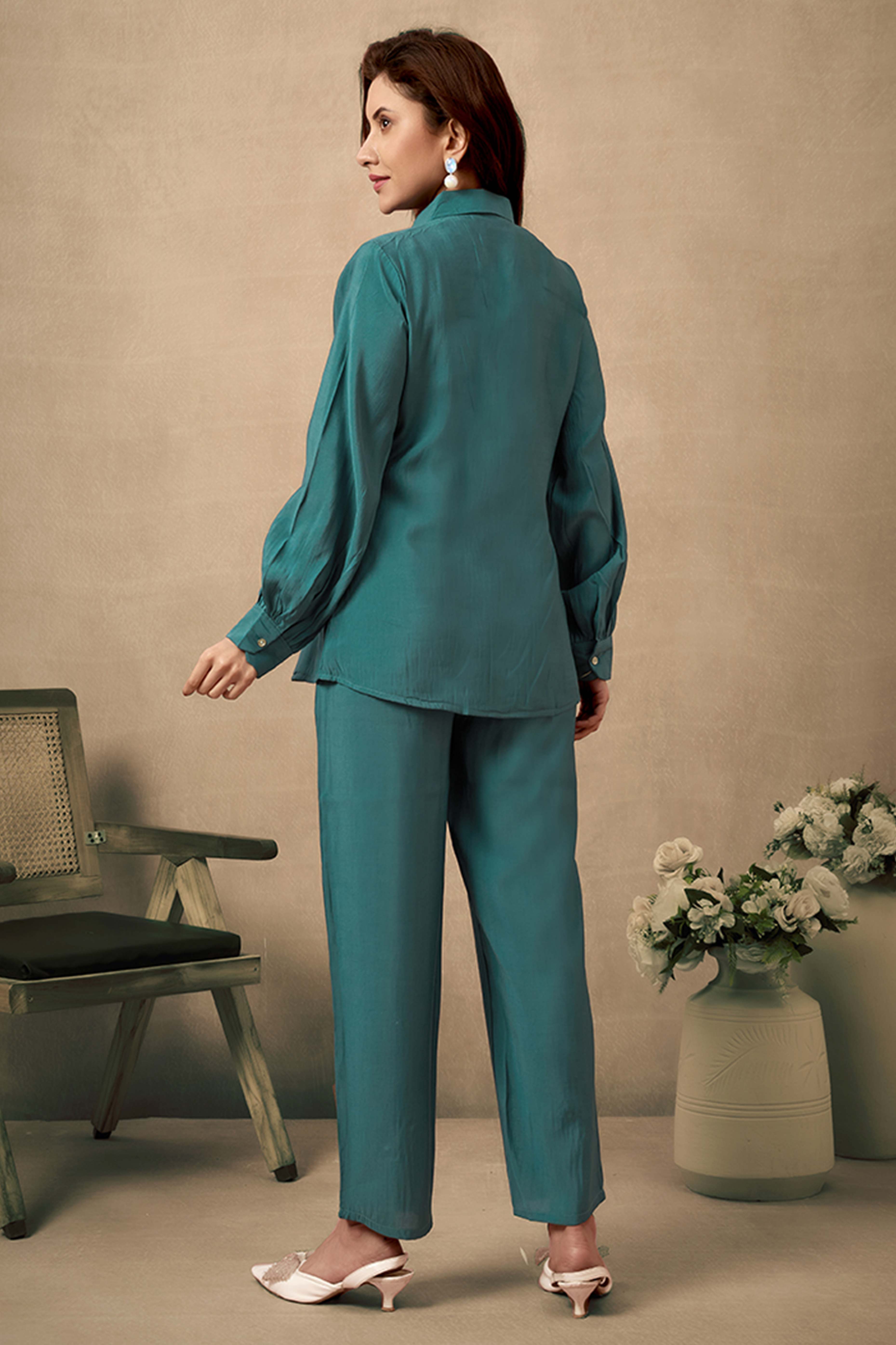 Dark Teal Chanderi Silk Co-Ord Set with Floral Patchwork & Stone Embellishments – Elegant Occasion Wear