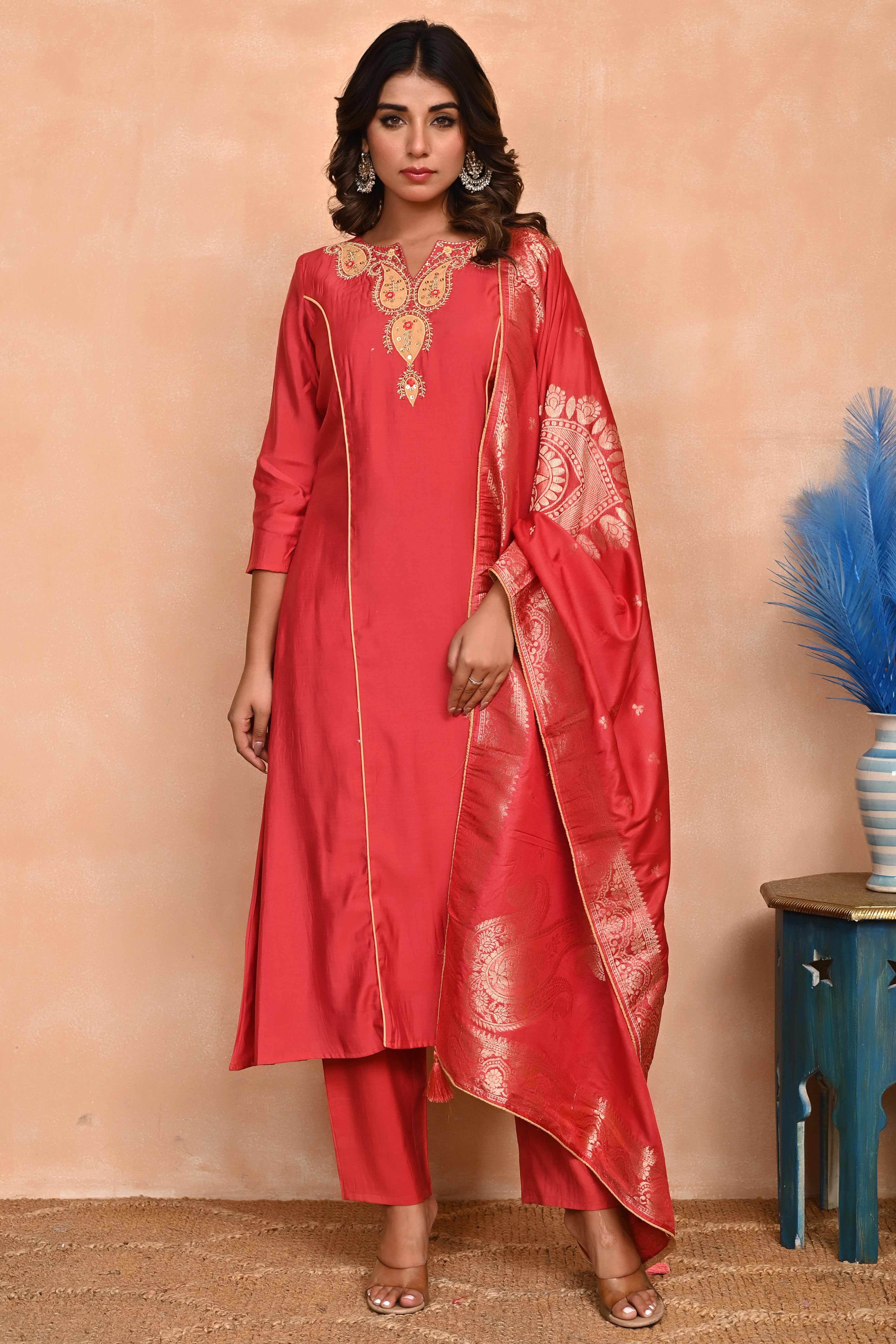 Rusty Red Embroidered A-Line Chanderi Silk Salwar Suit with Delicate Patchwork Detailing