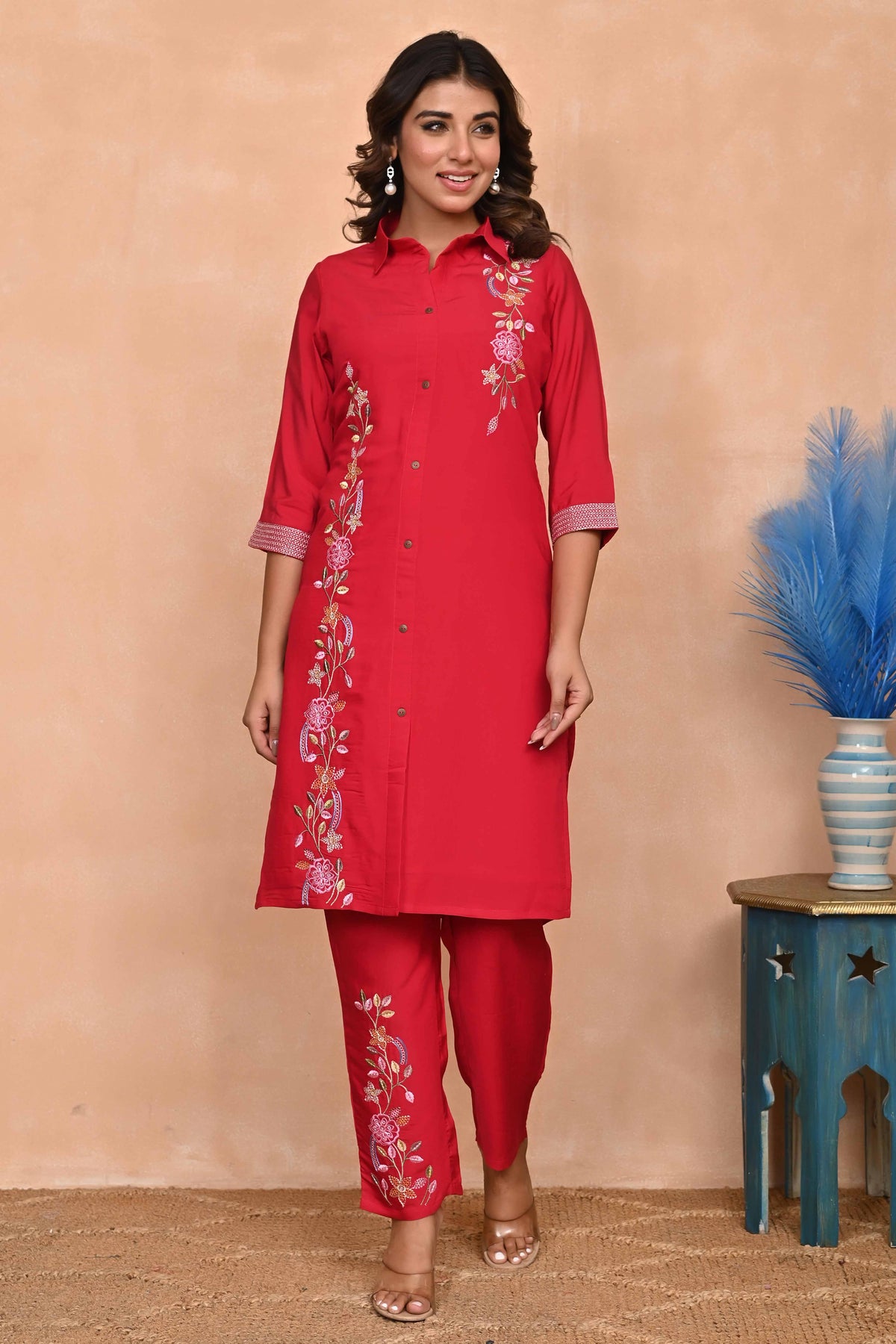 Red Floral Embroidered Chanderi Co-Ord Set – Top & Bottom