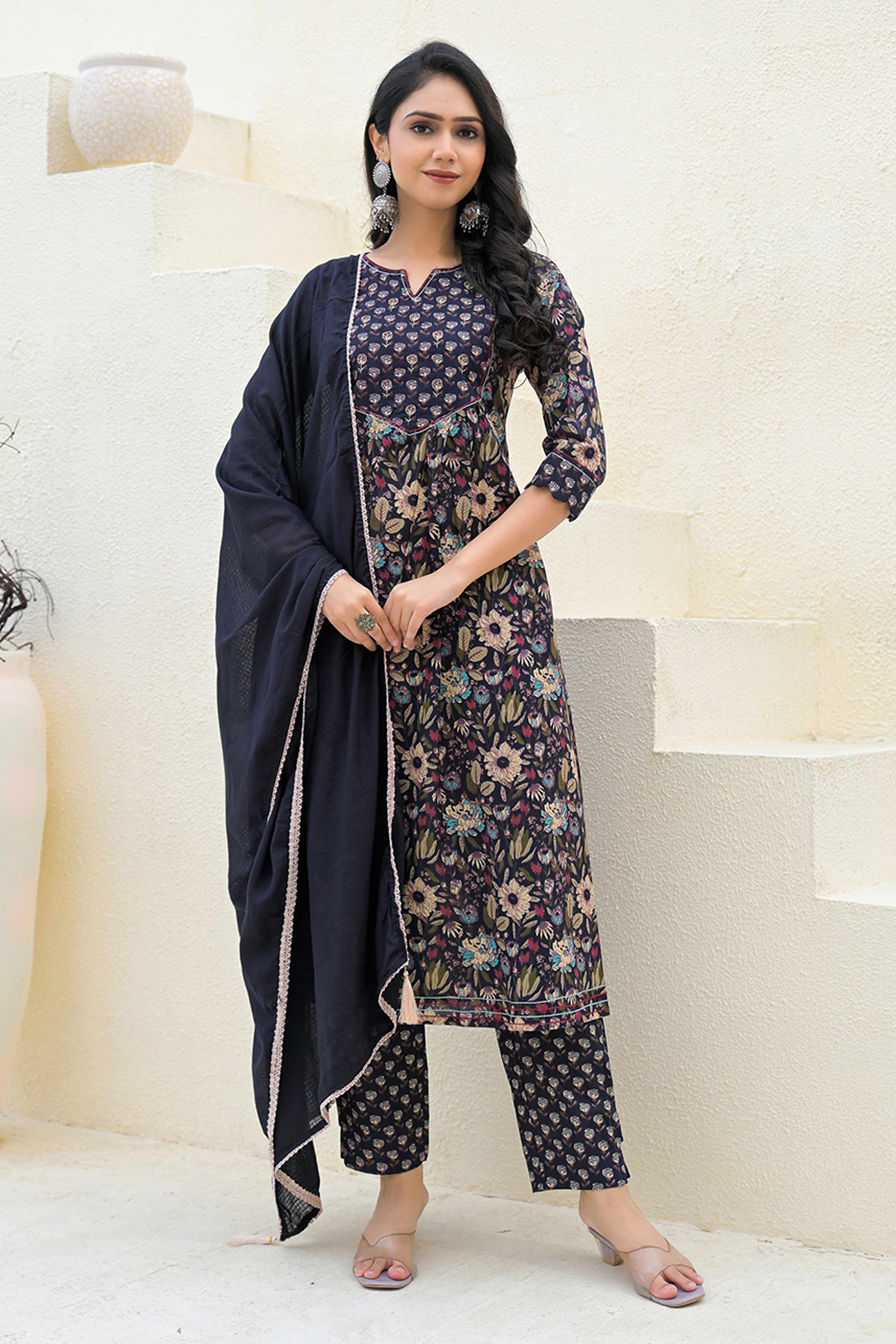 A-Line Style Black Cotton Salwar Suit with Blooming Floral Prints