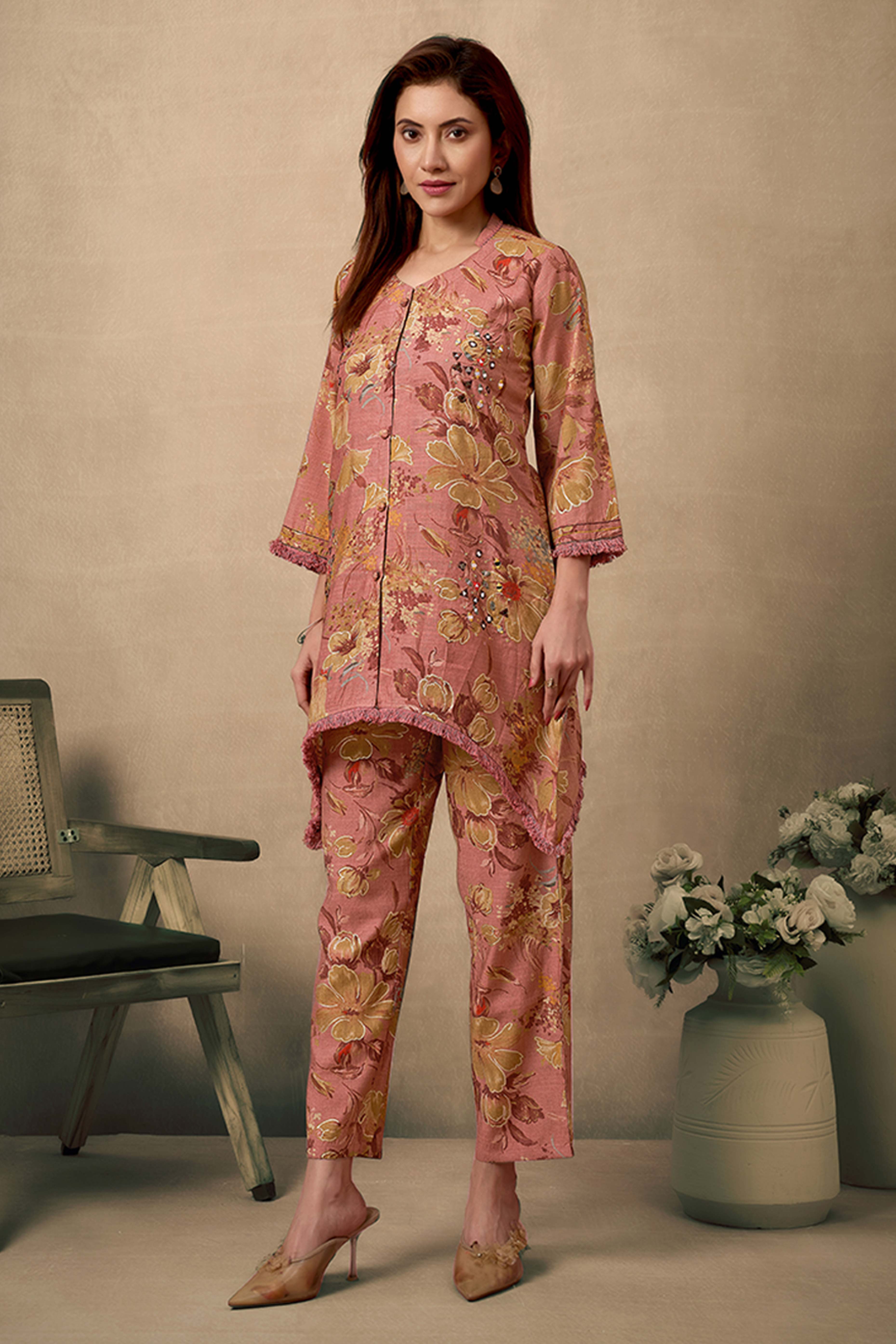 Dark Mauve Cotton Co-Ord Set with Mirror Work & Floral Prints – Elegant & Comfortable