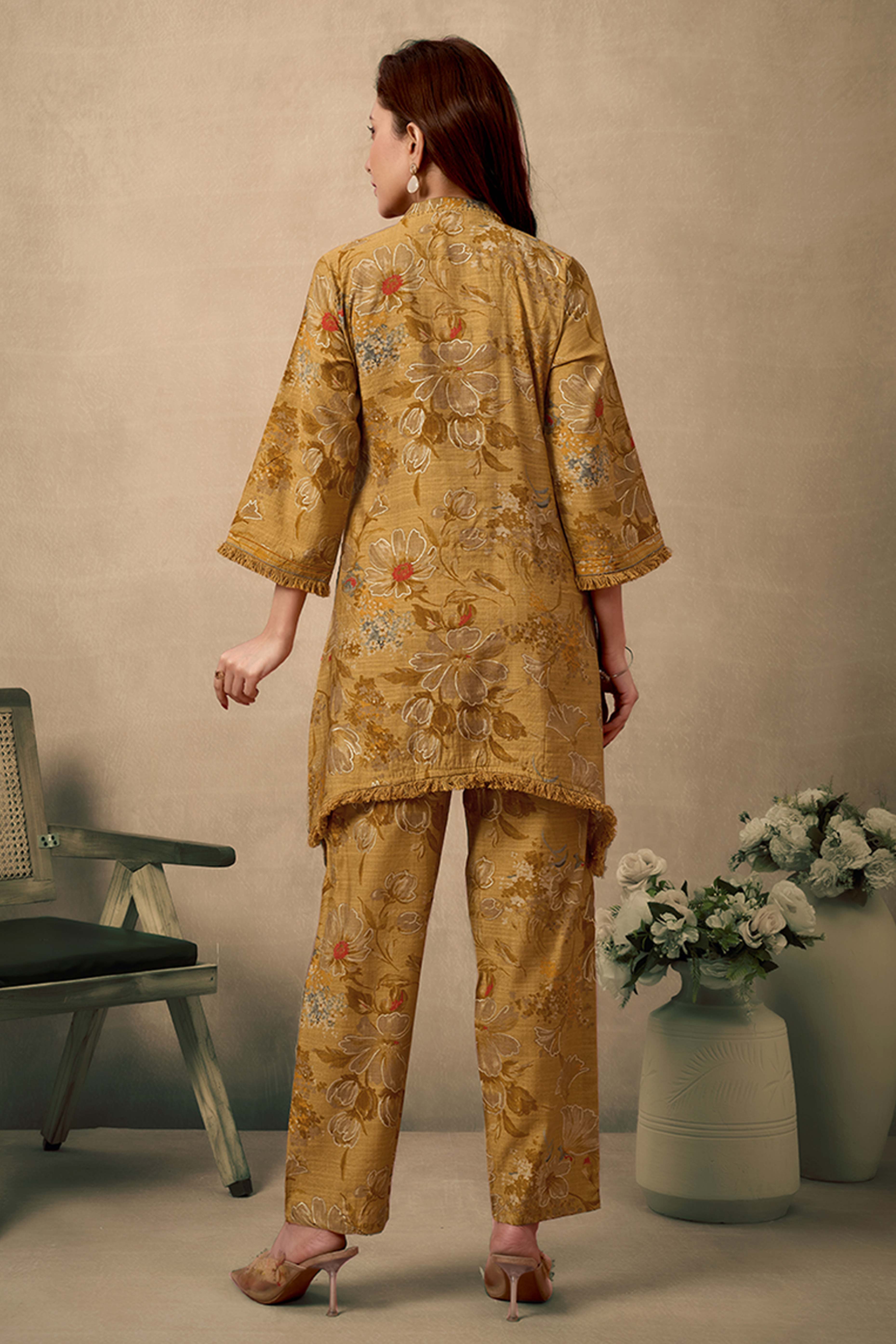 Mustard Floral Print Cotton Co-Ord Set with Mirror Work Detailing