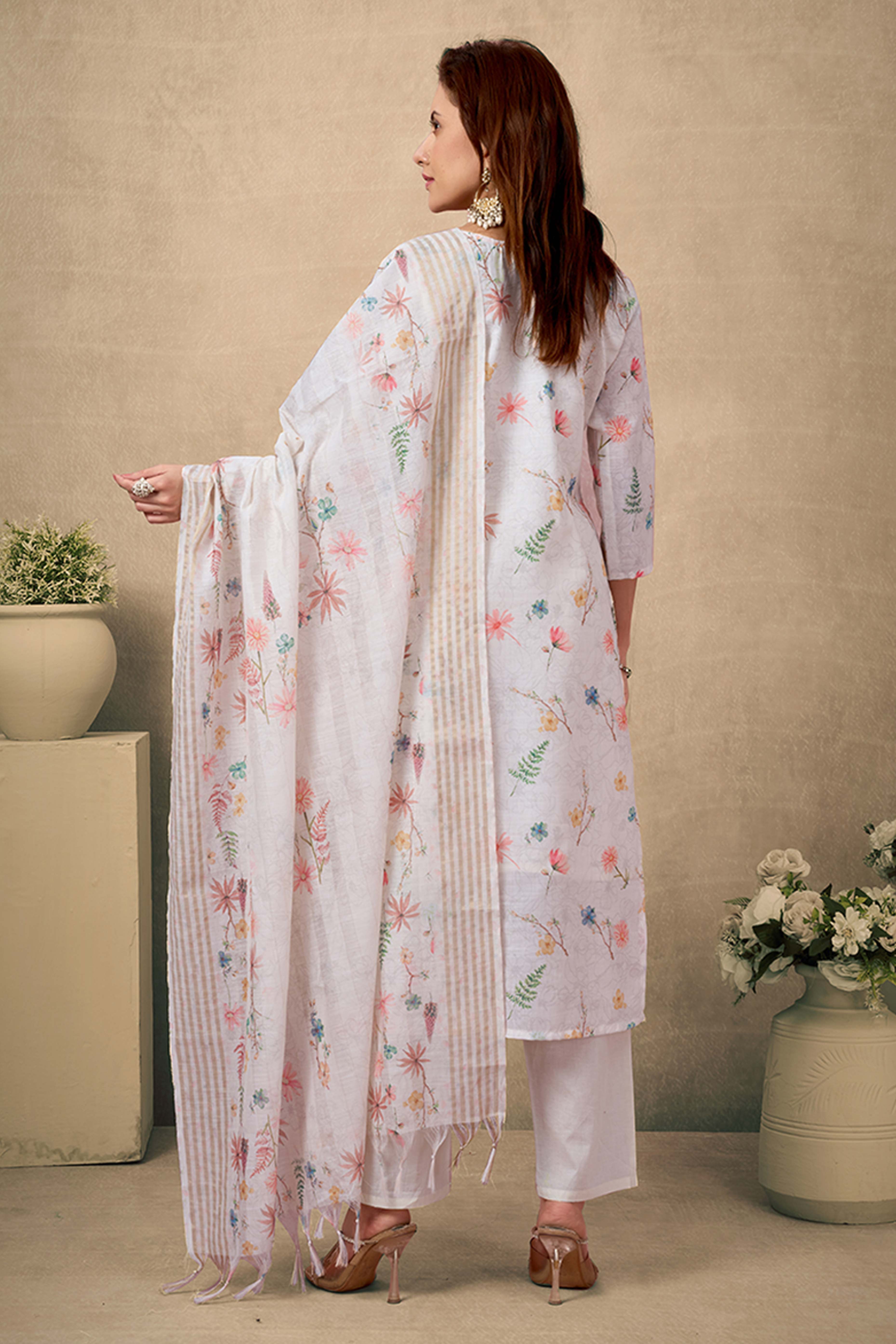 Cream & White Cotton Salwar Suit with Exquisite Floral & Sequin Detailing