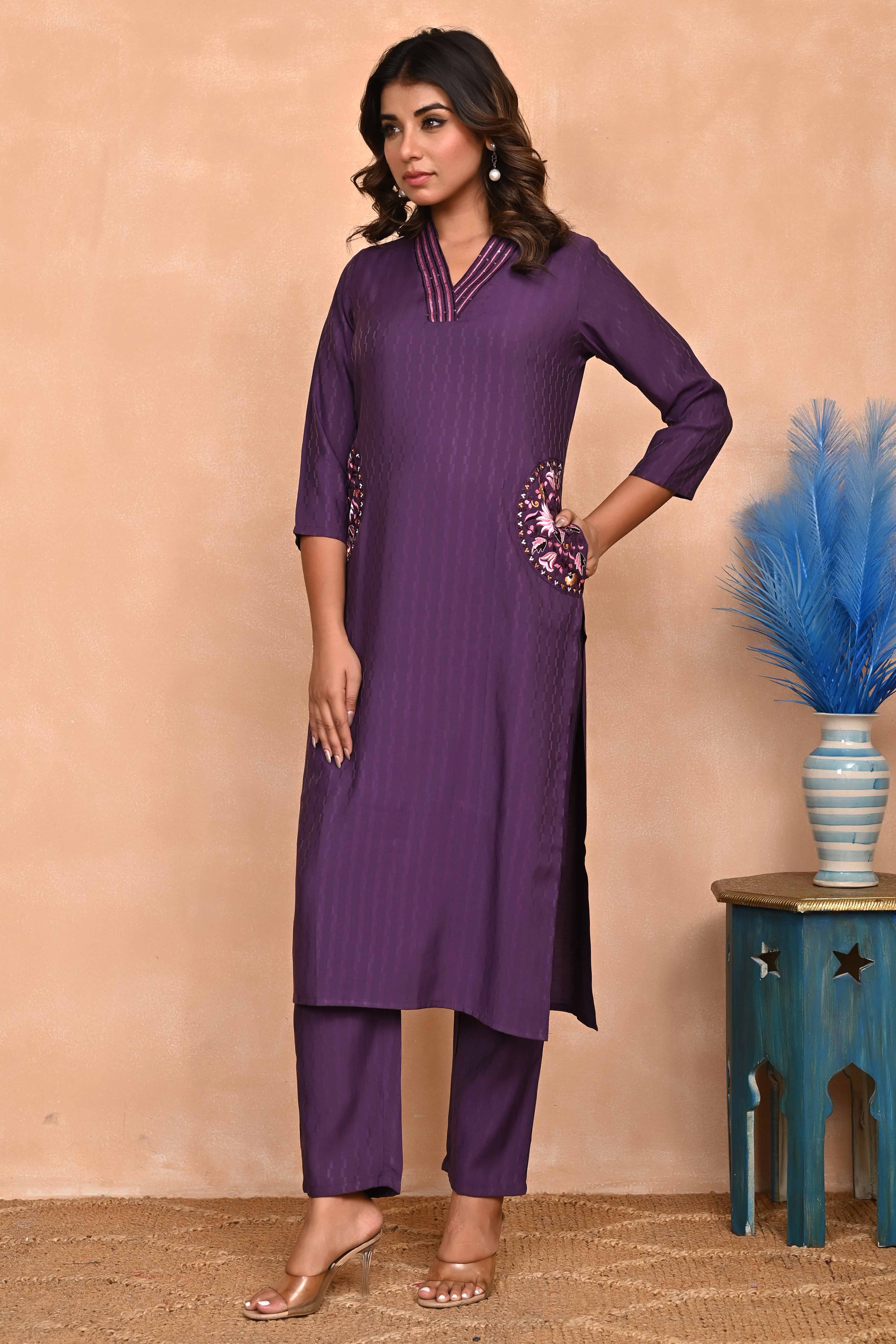 Wine-Colored Poly Viscose Co-Ord Set with Thread Embroidery & Sequin Work – Elegant & Comfortable Wear