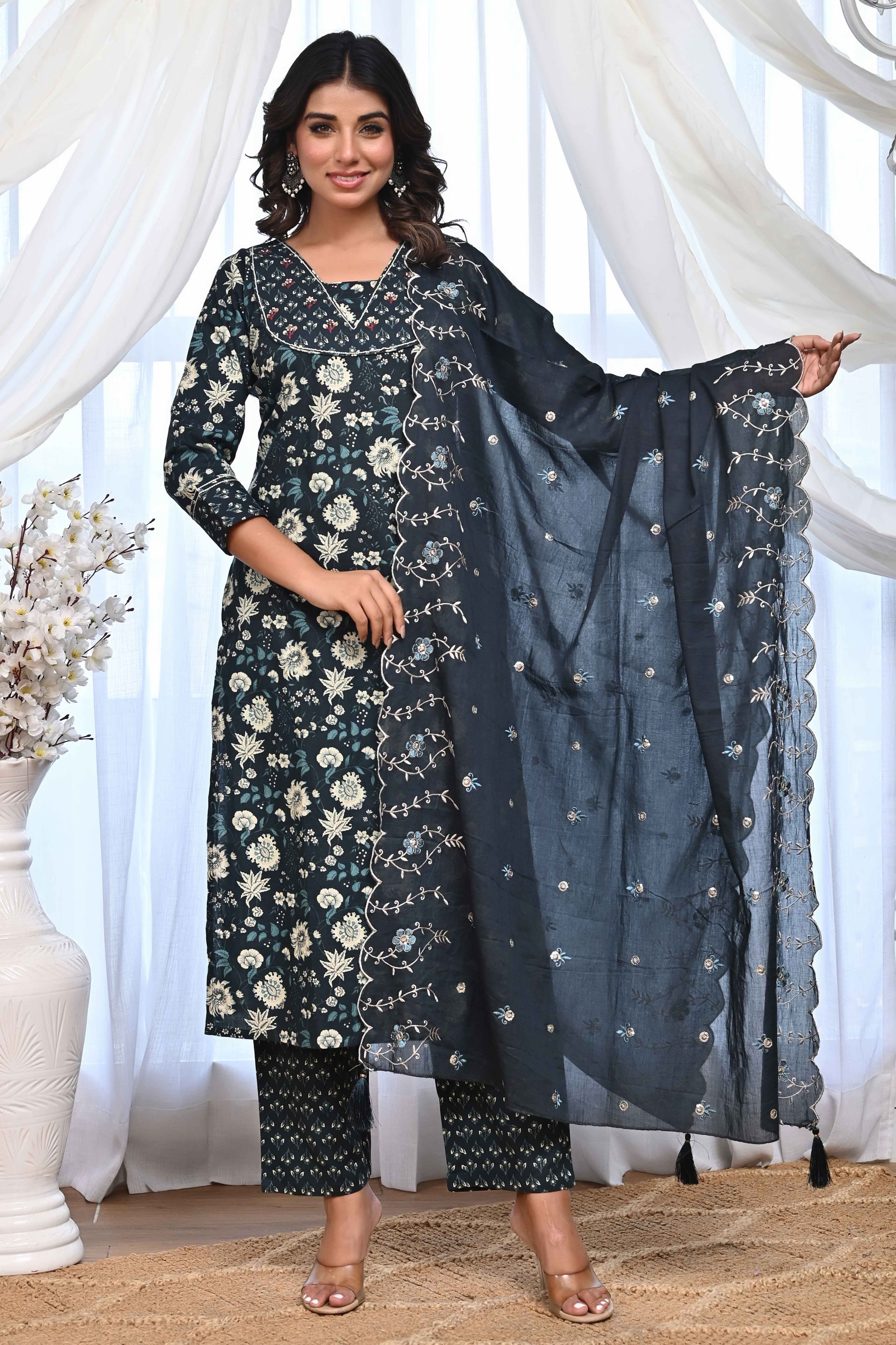 Dark Teal Blue Floral Printed Salwar Suit Adorned With Delicate Sequin Work On Pure Cotton