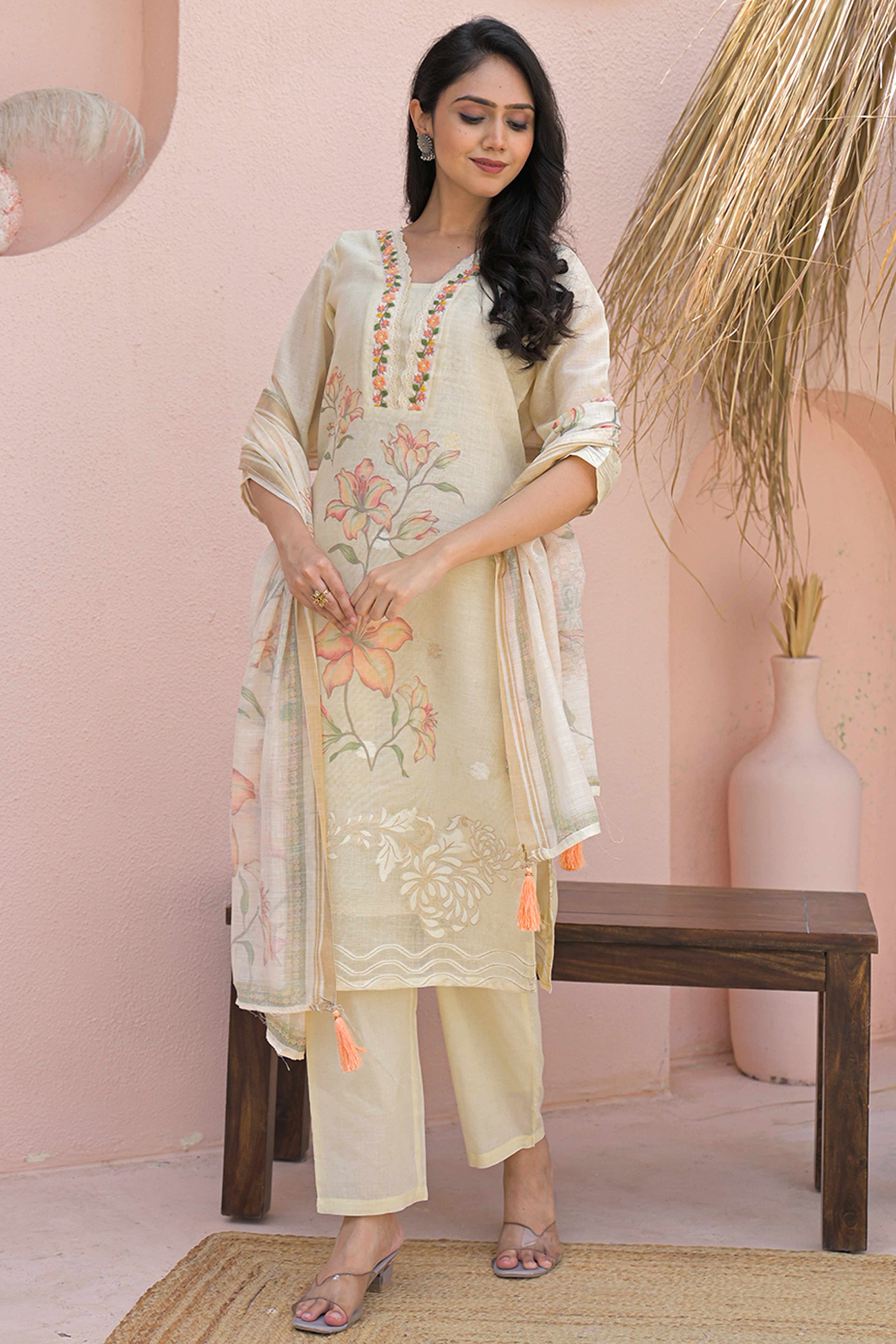 Powder Yellow Cotton Linen Salwar Suit with Printed Blooms and Delicate Embroidery Highlights