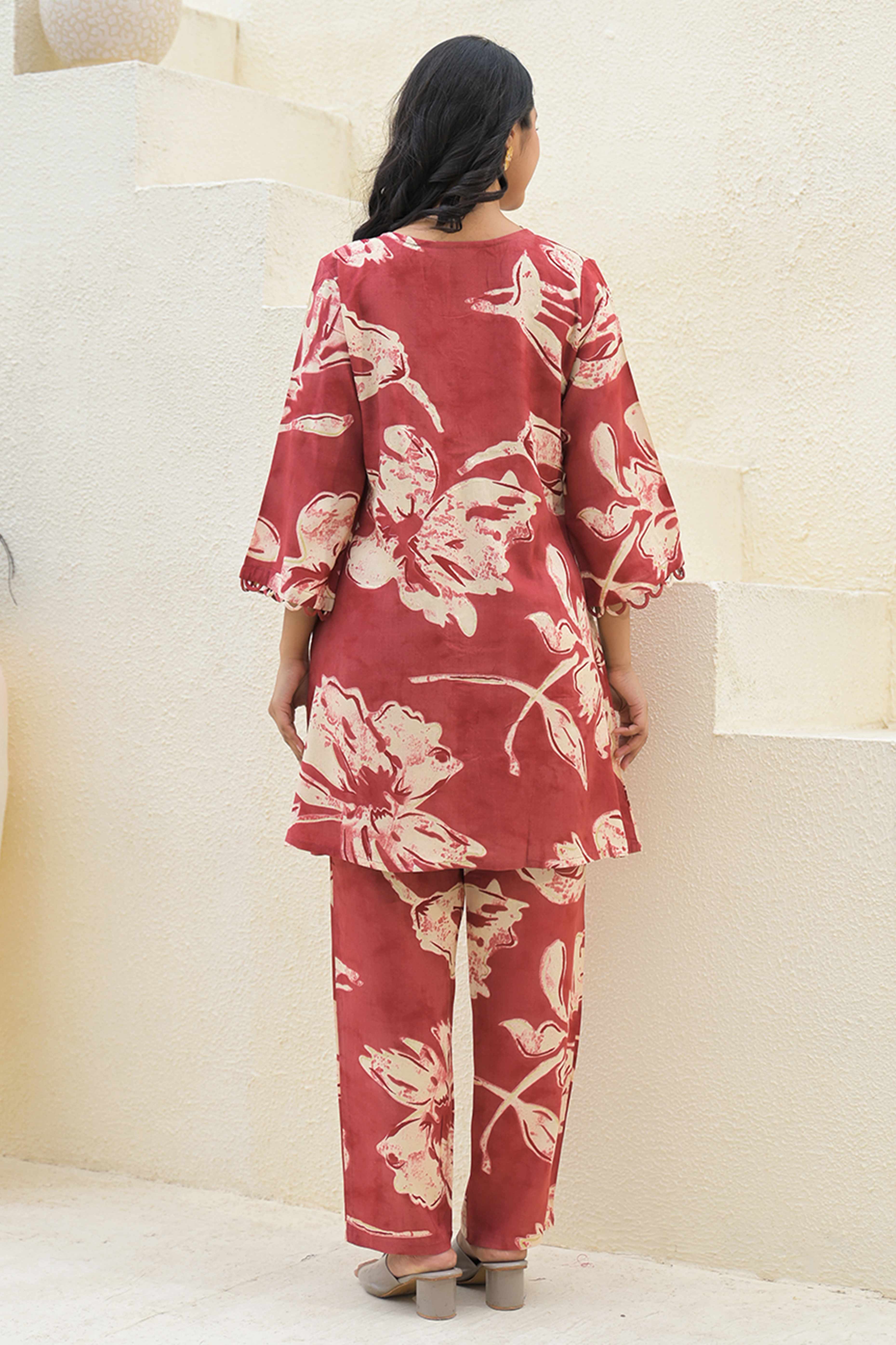Cherry Red Floral Rayon Co-Ord Set – Stylish & Comfortable Festive Wear
