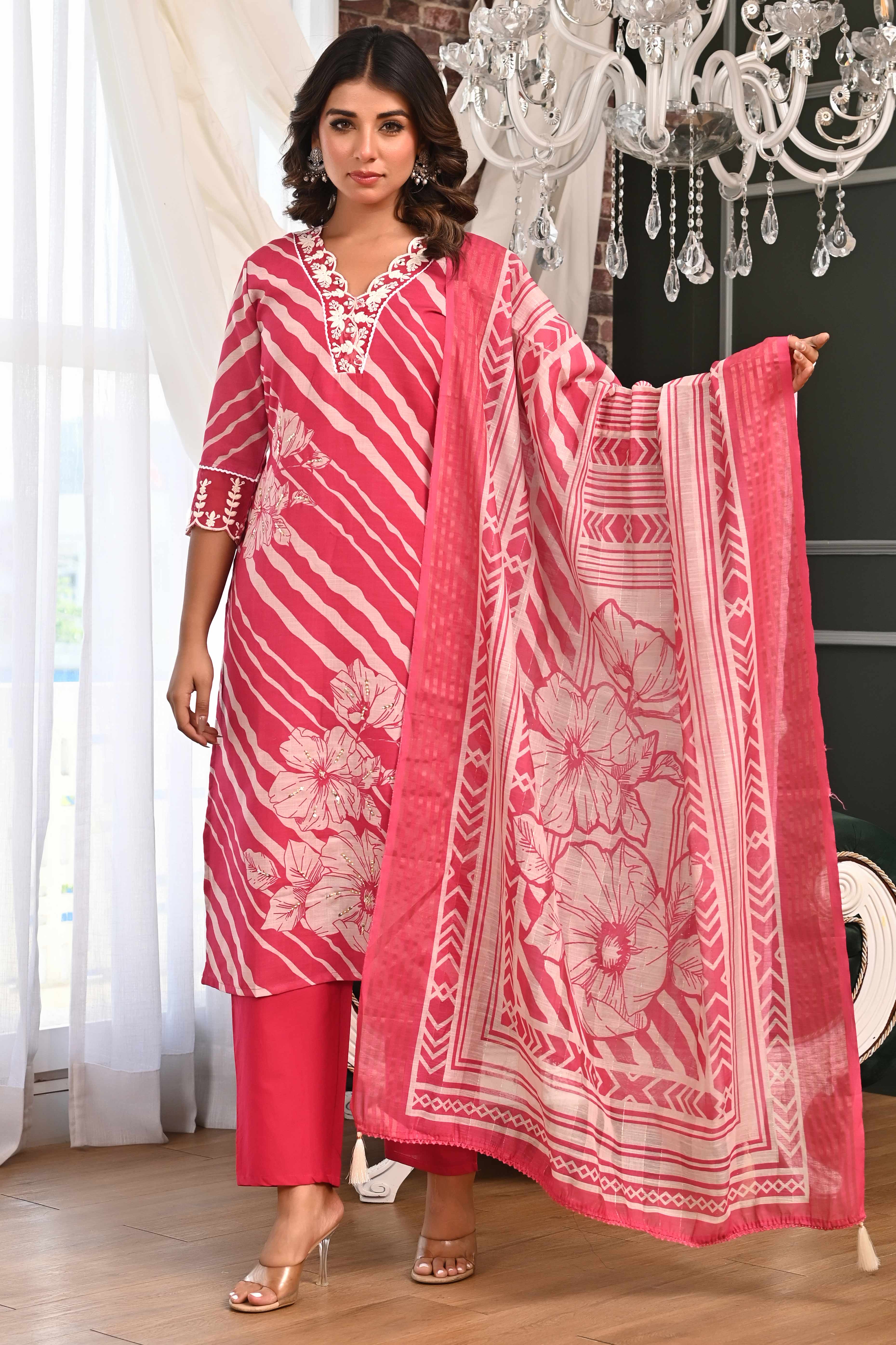 Pink Straight Salwar Suit in Pure Linen with Understated Stripes for a Chic Vibe