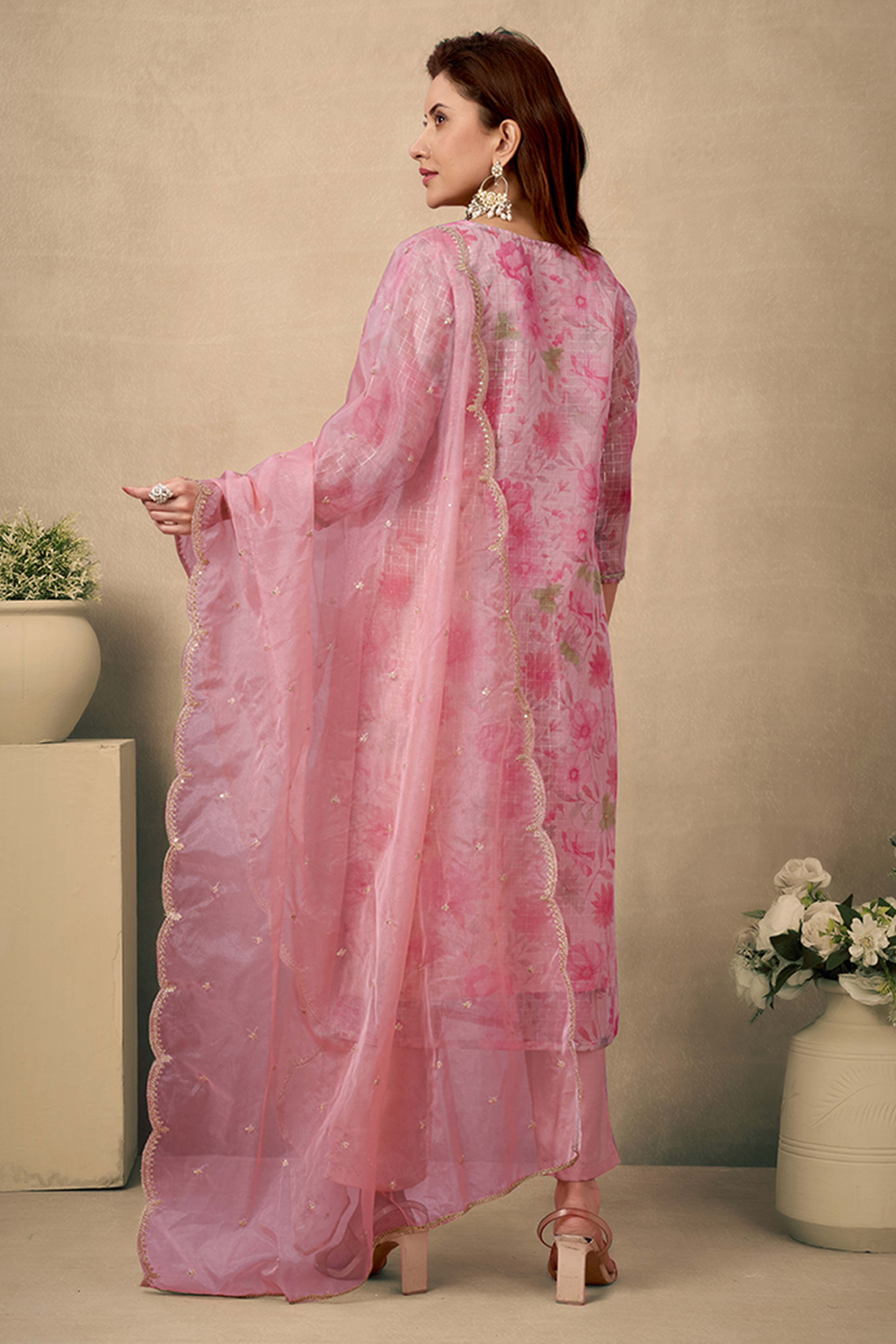 Light Peach Floral Print With Zari Weaving Work Organza Straight Salwar Suit