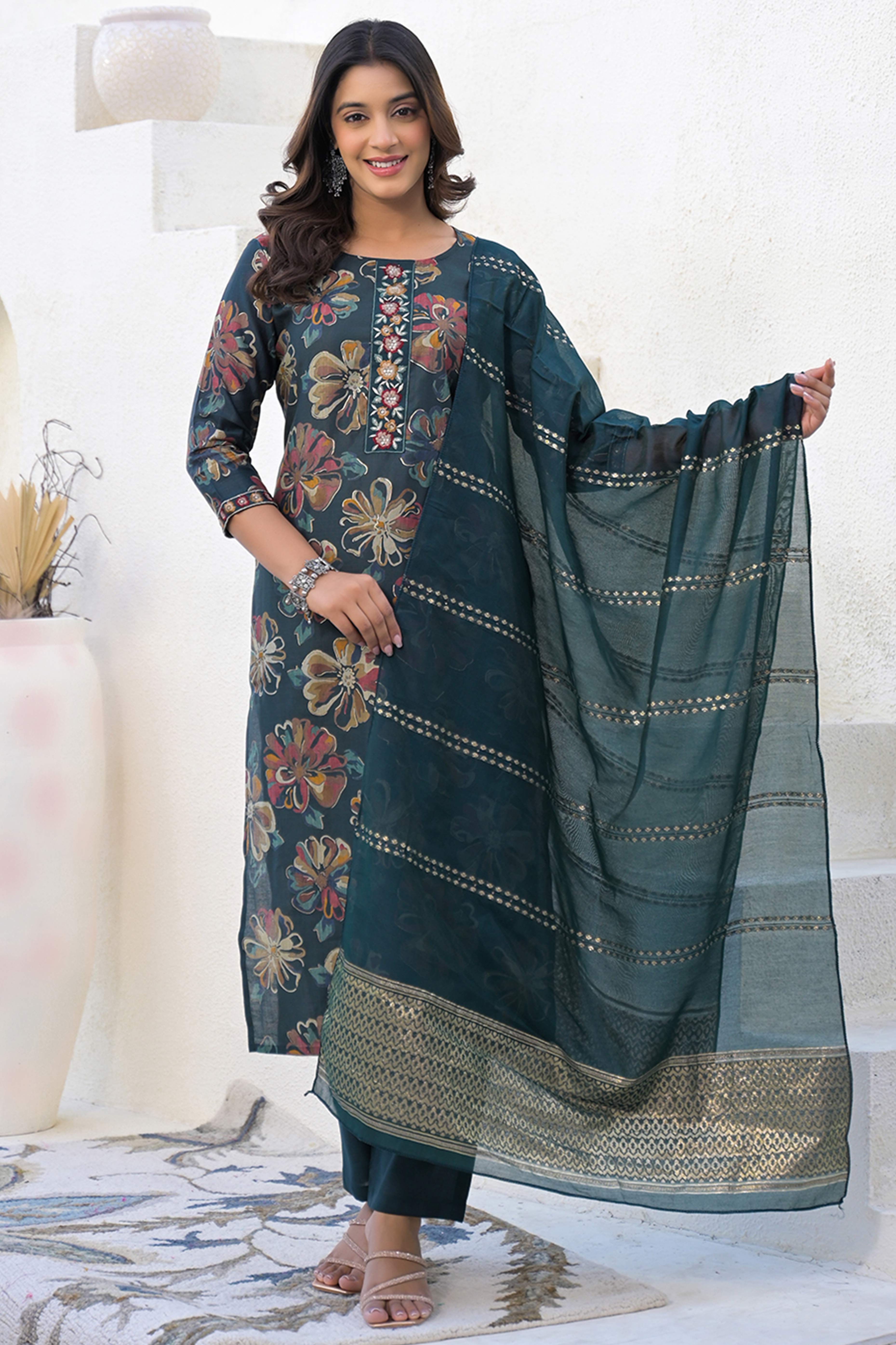 Stylish Bottle Green Viscose  Straight Salwar Suit with Floral Pattern