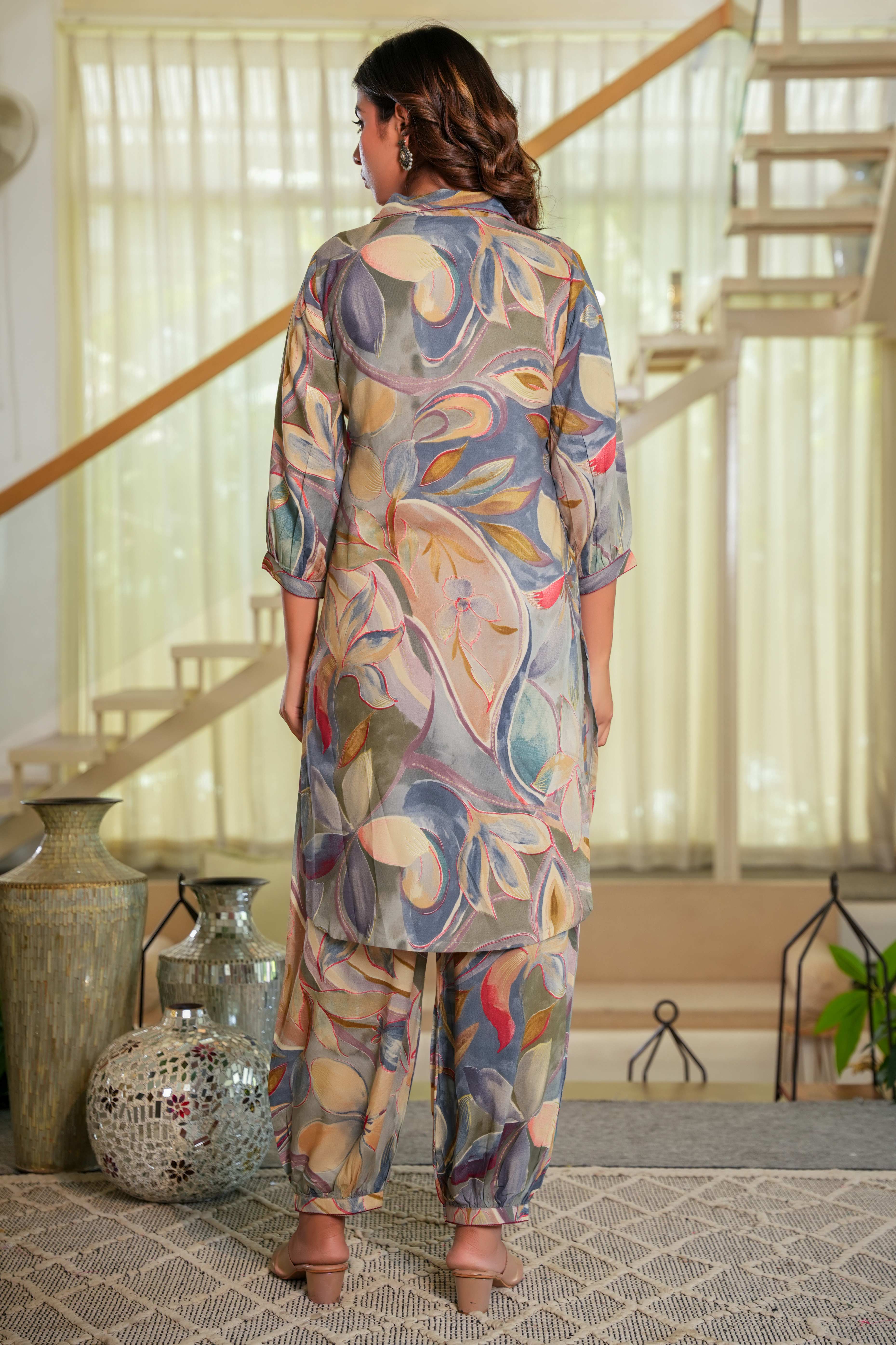 Grey Floral Print Rayon Co-Ord Set with Shirt Collar – Stylish & Comfortable Daily Wear