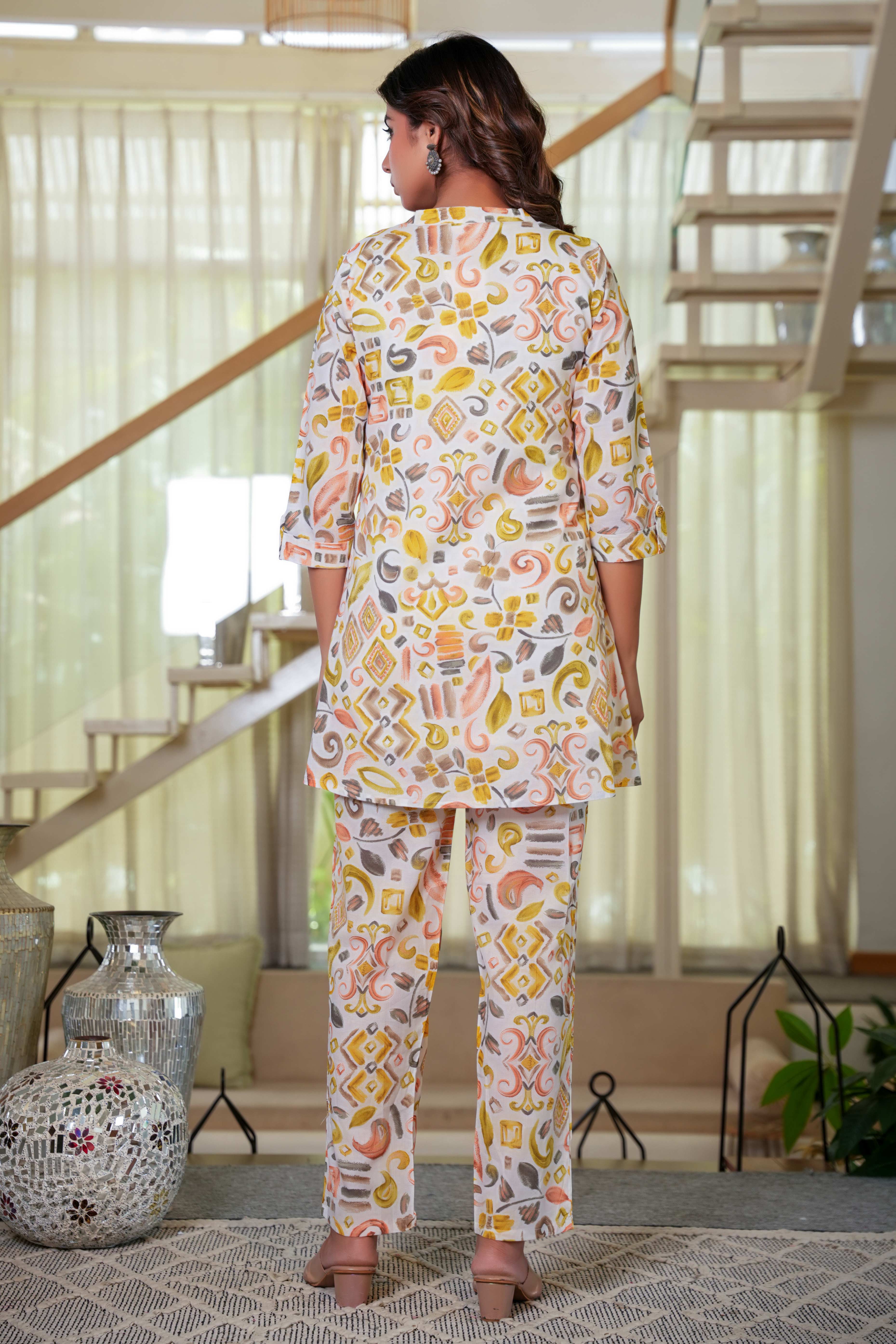 White & Mustard Angrakha Style Cotton Co-Ord Set – Top & Bottom