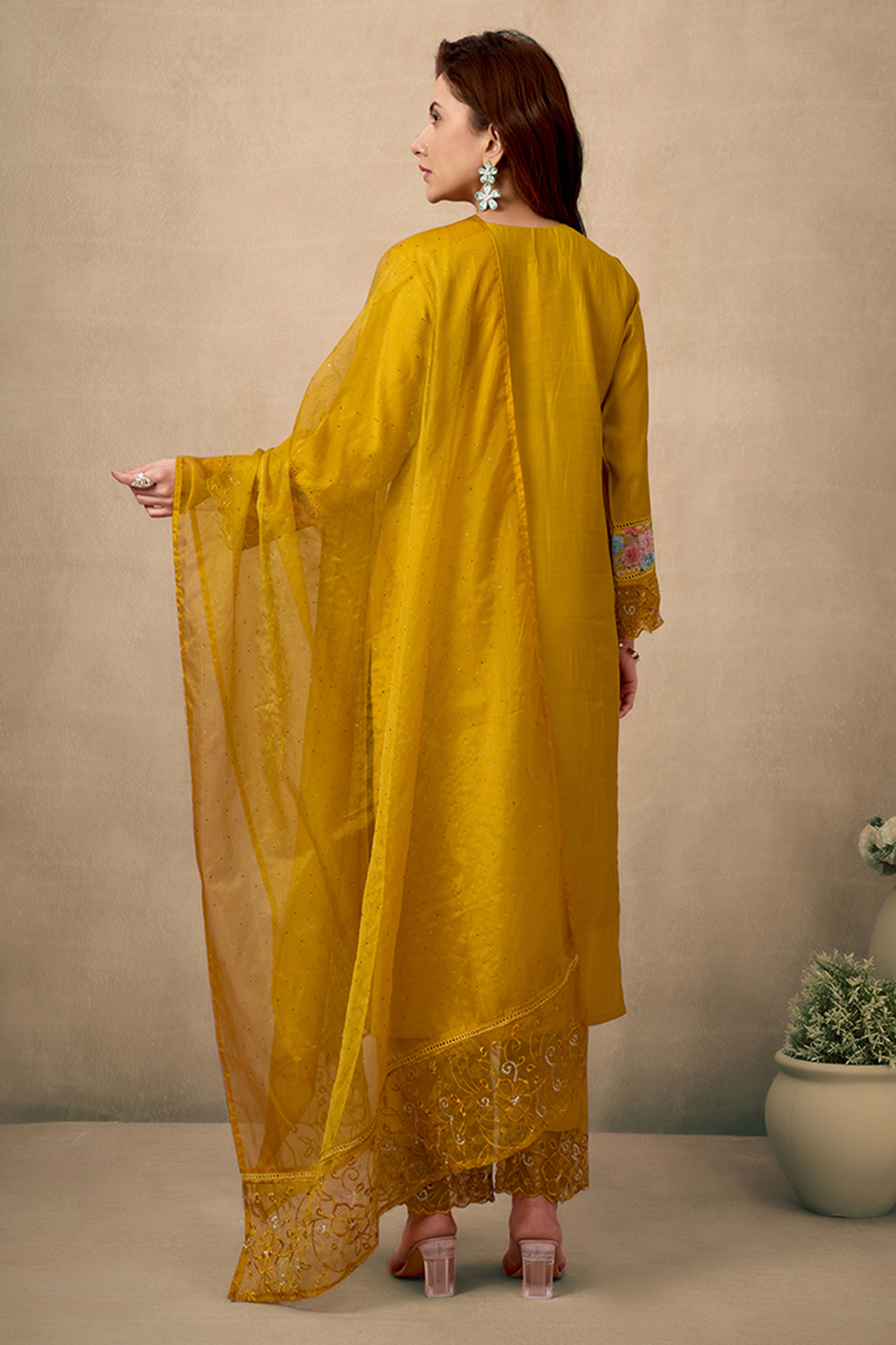 Mustard Floral Patch Work Embroidered Chanderi Straight Salwar Suit