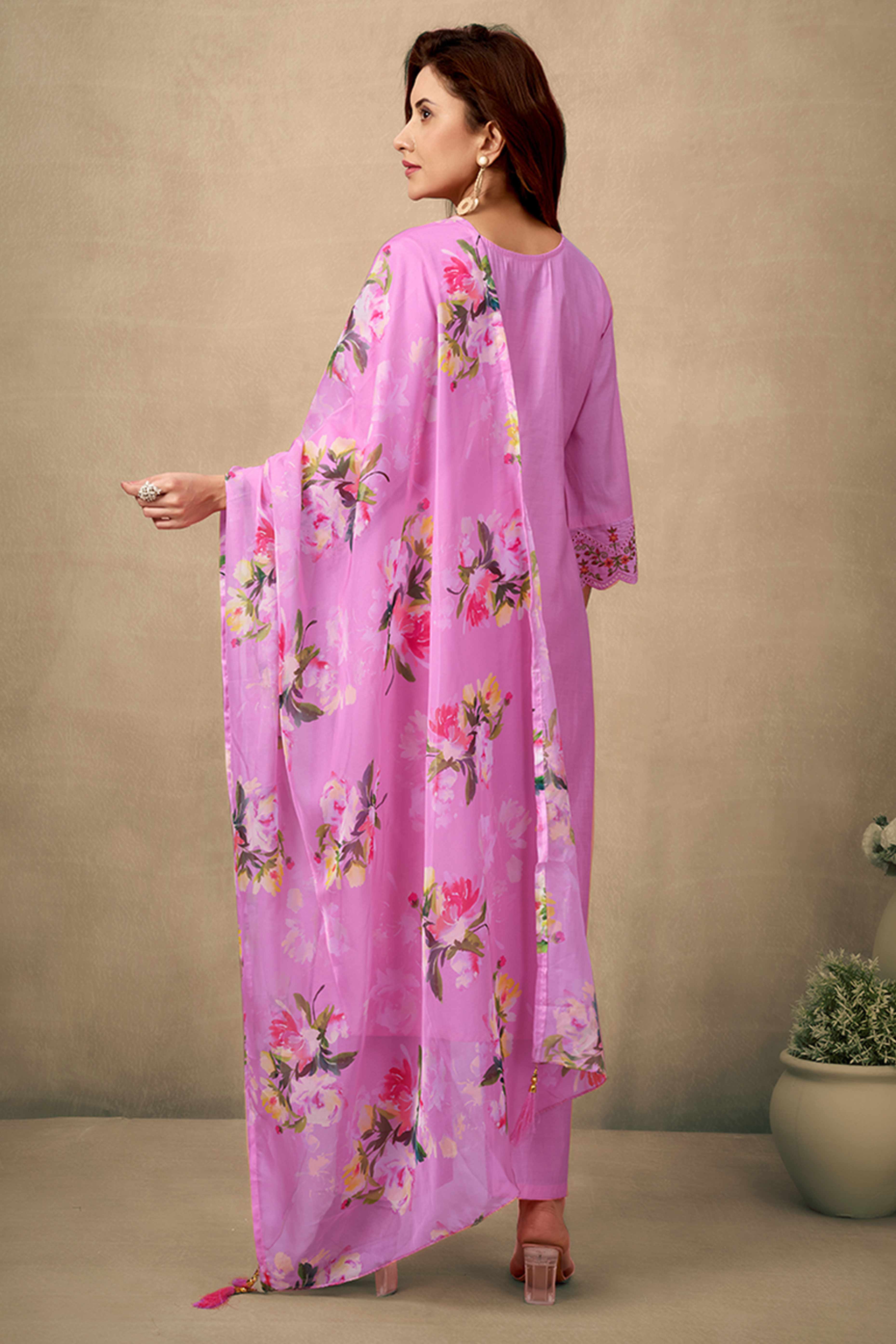 Pink Floral Embroidered Straight Salwar Suit Made of Chanderi Silk.