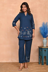 Navy Blue Hand-Embroidered Cotton Co-Ord Set with Bead Detailing