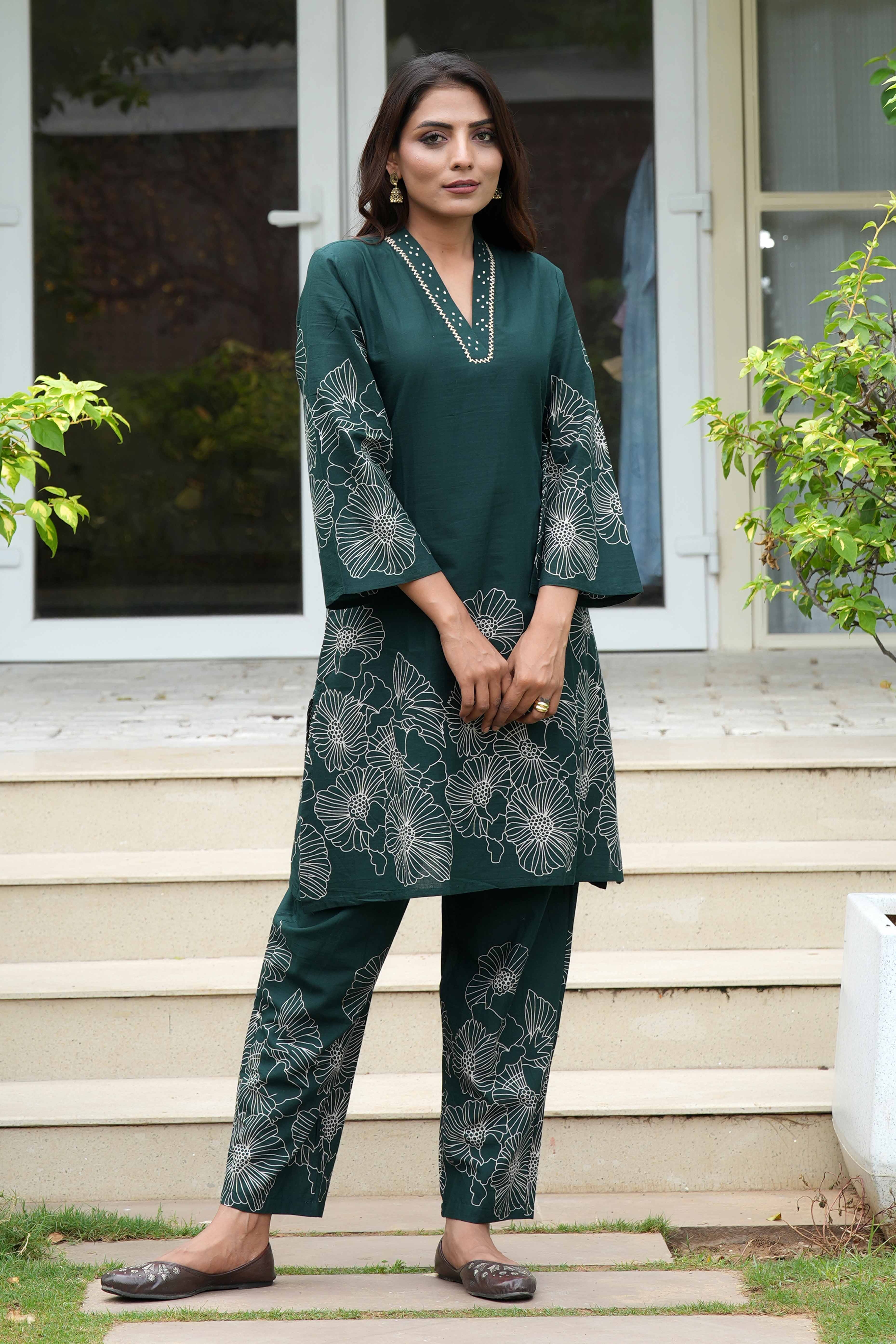 Bottle Green Floral Embroidered Co-Ord Set – Top & Bottom