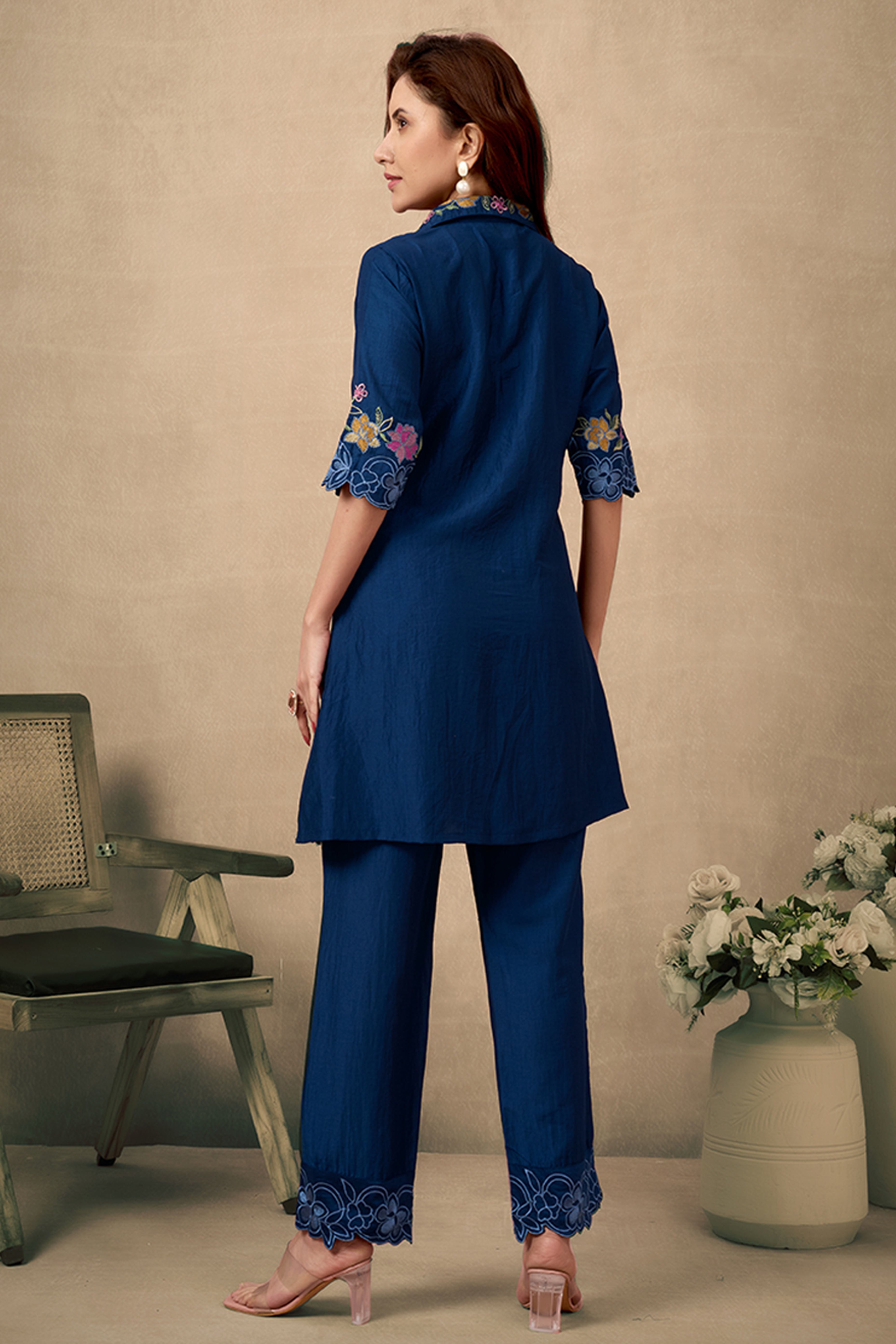 Navy Blue Floral Embroidered Chinon Co-Ord Set – Elegant & Comfortable Occasion Wear