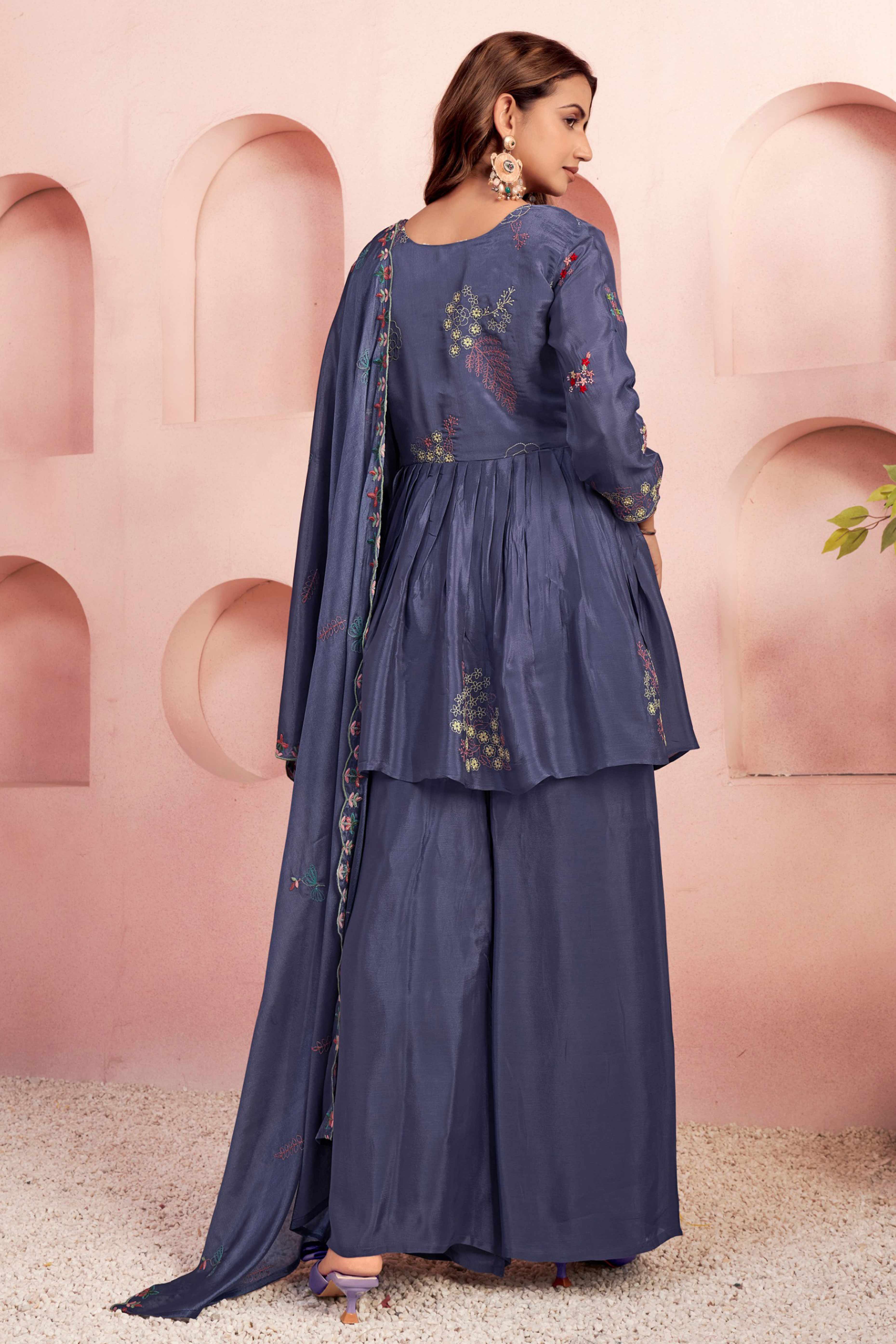 Dark Purple Viscose Chinon Salwar Suit with Handcrafted Floral Embroidery