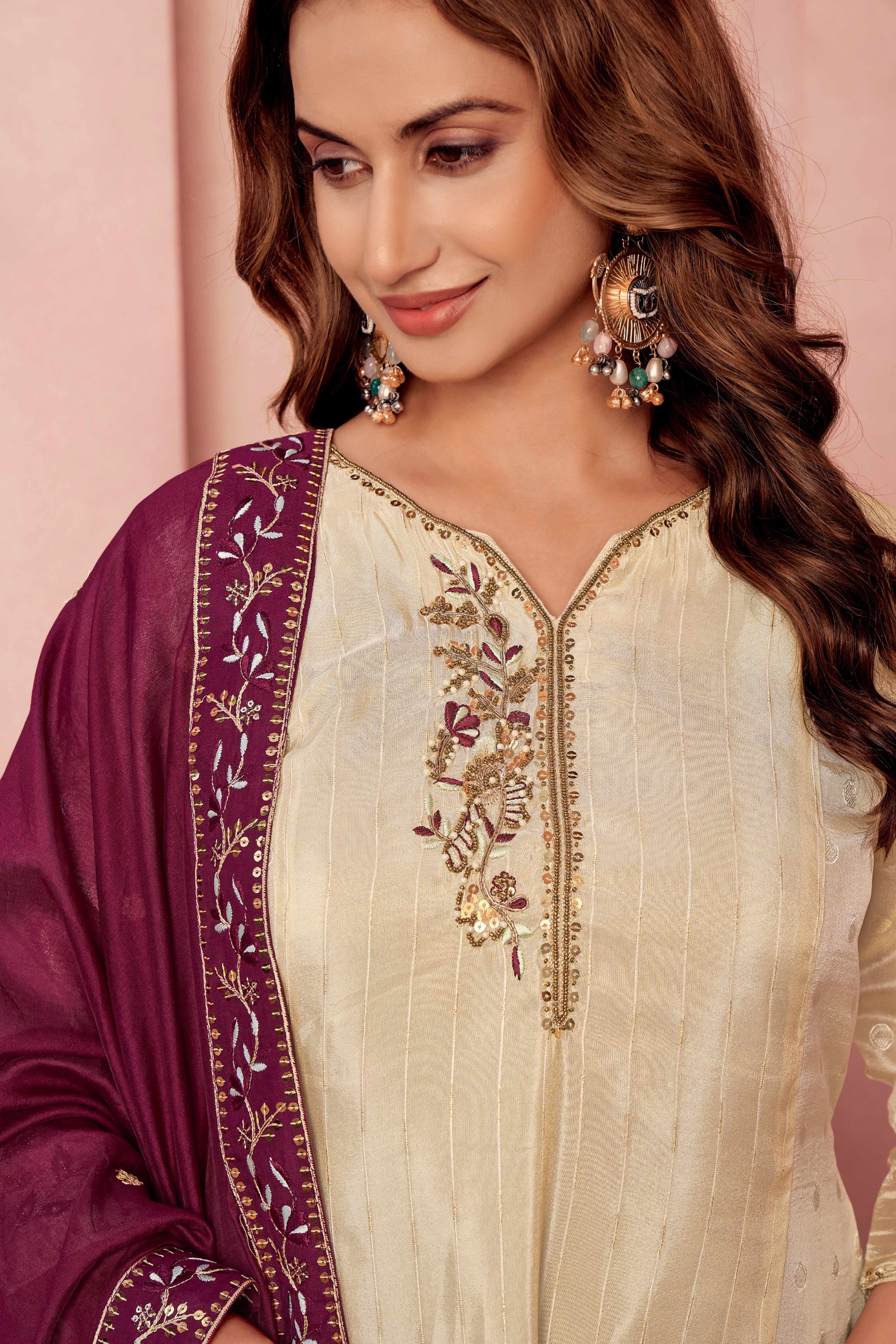 Embroidered Off White Salwar Suit in Pure Viscose with Shimmering Beads Highlights